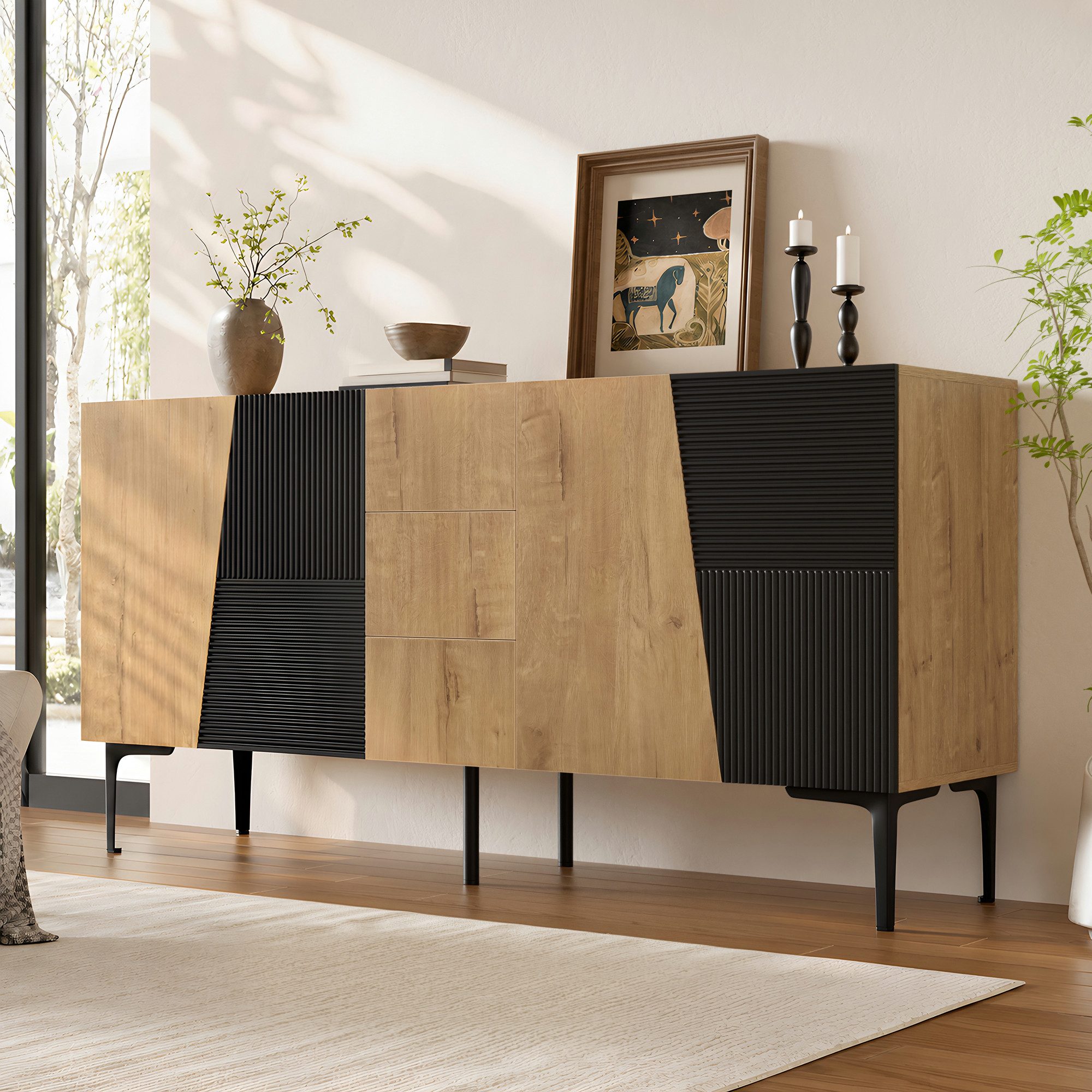 Flieks Kommode Sideboard mit 4 Türen und 3 Schubladen in Holzoptik, Eisenbeinen (160x40x80 cm, 1 St., Multifunktionsschrank für Wohnzimmer, Schlafzimmer, Esszim – Bild 5 von 5
