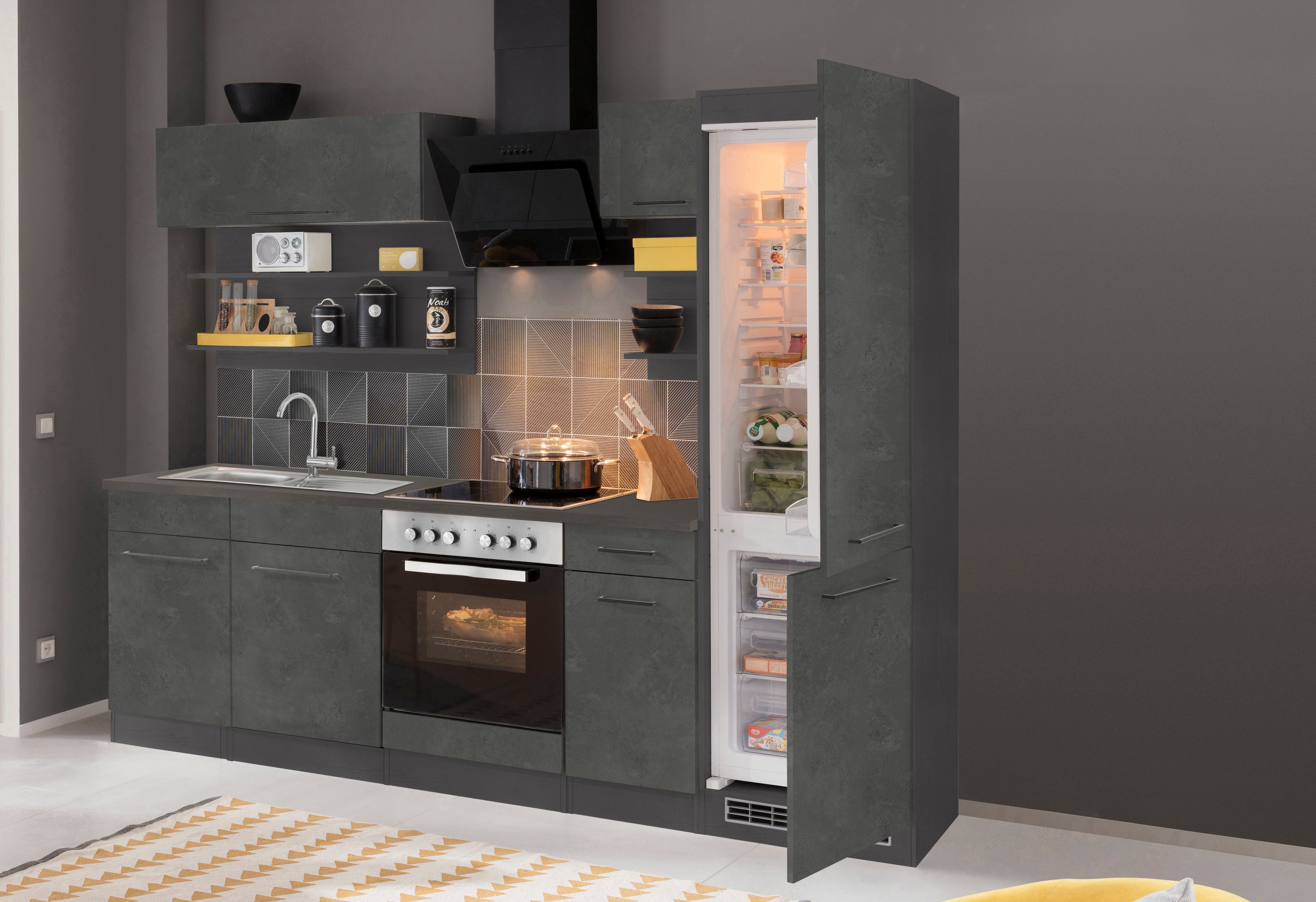KOCHSTATION Küchenzeile KS-Tulsa, mit E-Geräten, Breite 270 cm, schwarze Metallgriffe, MDF Fronten