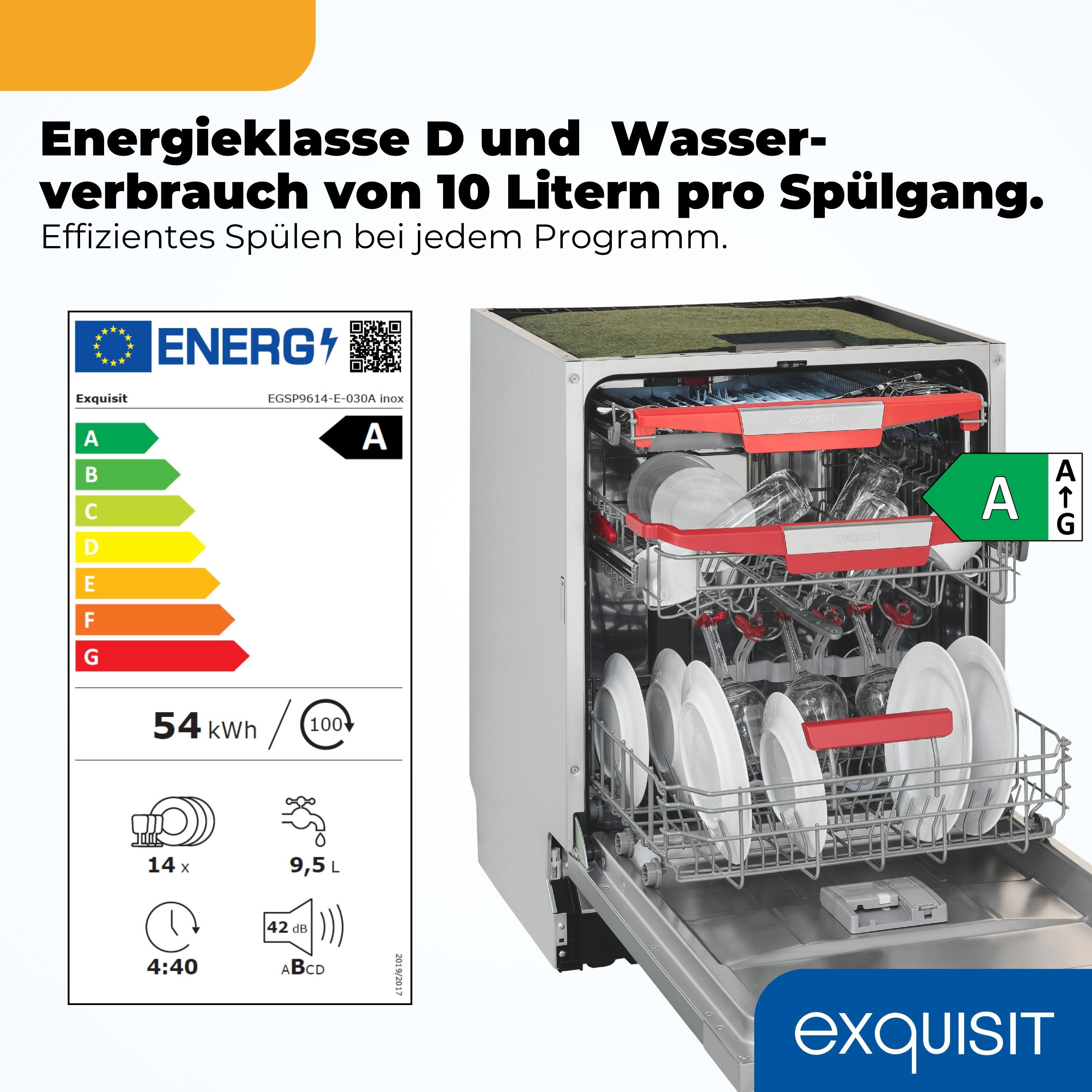 exquisit vollintegrierbarer Geschirrspüler 9614 EGSP9614-E-030A inox, 9,5 l, 14 Maßgedecke, 14 Maßgedecke & flüsterleise 42 dB – stark und angenehm ruhig