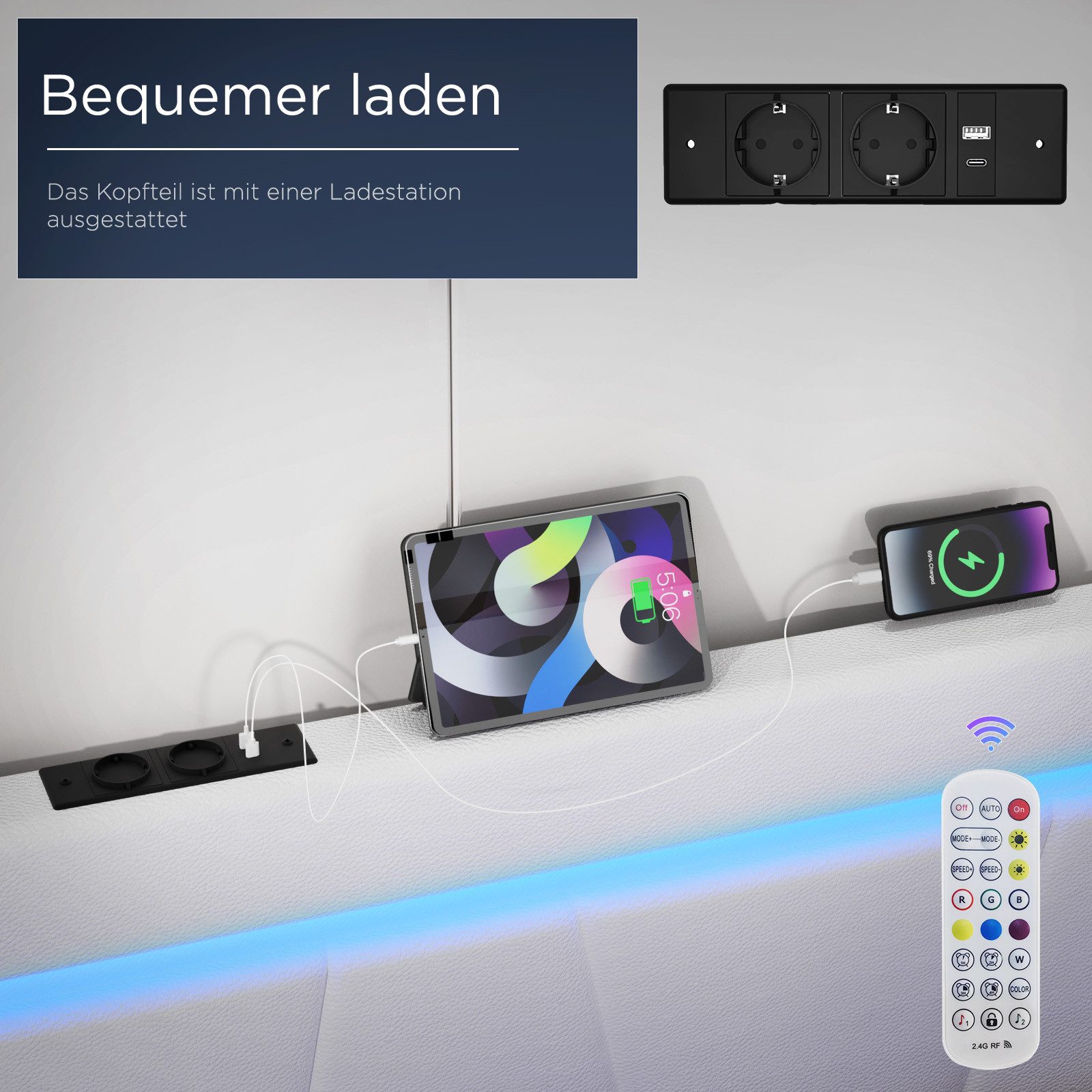 oyajia Polsterbett LED Doppelbett 140x200 cm, mit 4 Schubladen und Lattenrost (Kopfteil mit stauraum und USB-Ladefunktion, Polsterbett mit Metall Bettgestell, P – Bild 5 von 5