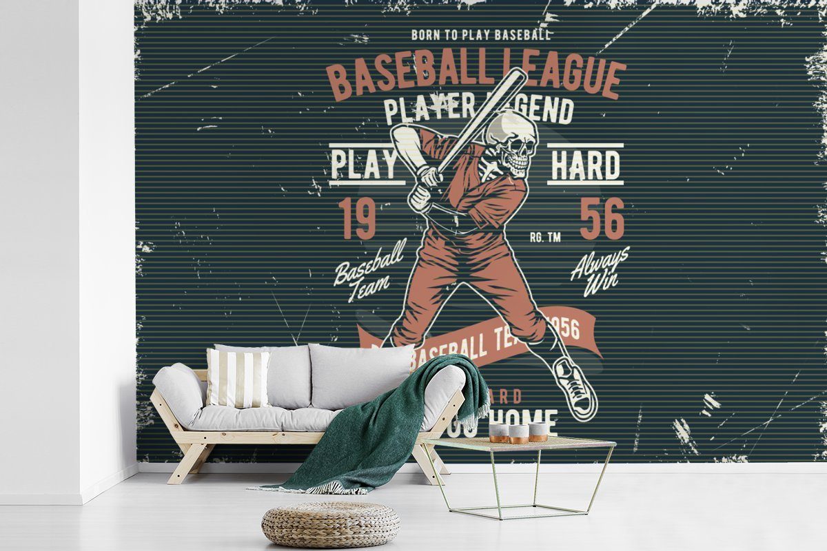 Baseball, Tapete für - Jahrgang St), Wohnzimmer, (6 Wallpaper Vinyl Schlafzimmer, Skelett bedruckt, Fototapete MuchoWow Matt, Kinderzimmer, -