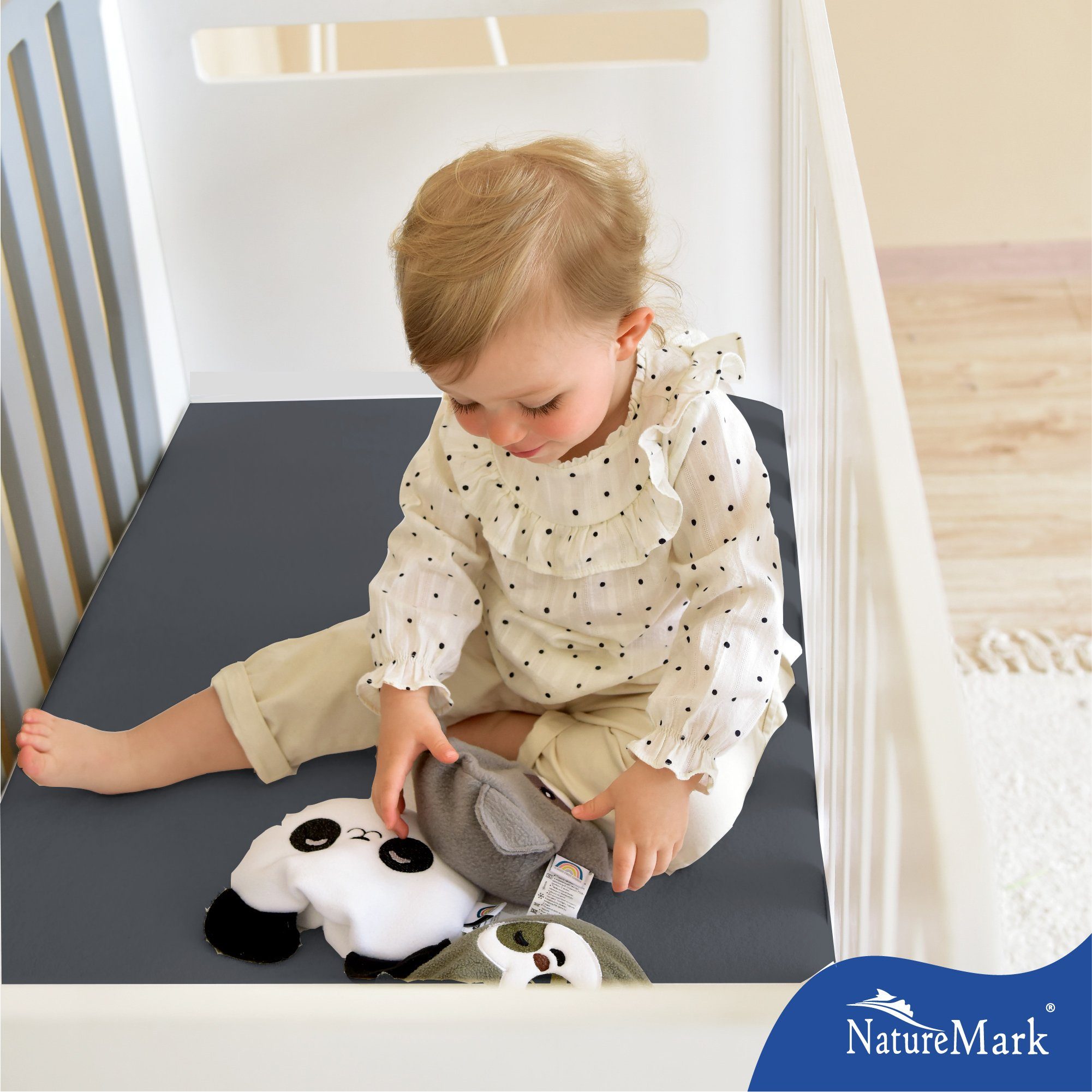 NatureMark Spannbettlaken Jersey Spannbetttuch, 100% Baumwolle, Gummizug: rundum, (2 Stück), Kinder Spannbetttuch, für Baby-/Kinderbett, 70x140 cm, Anthrazit – Bild 4 von 4