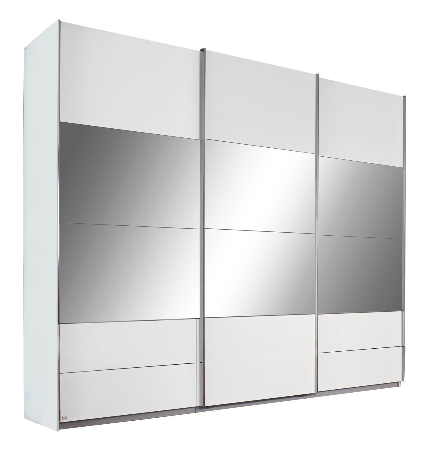 LIV'IN Schwebetürenschrank RIMINI, B 271 cm x H 230 cm, Alpinweiß, (1er Set) Weiß Hochglanz, 3 Türen, 4 Schubladen, mit Spiegeln