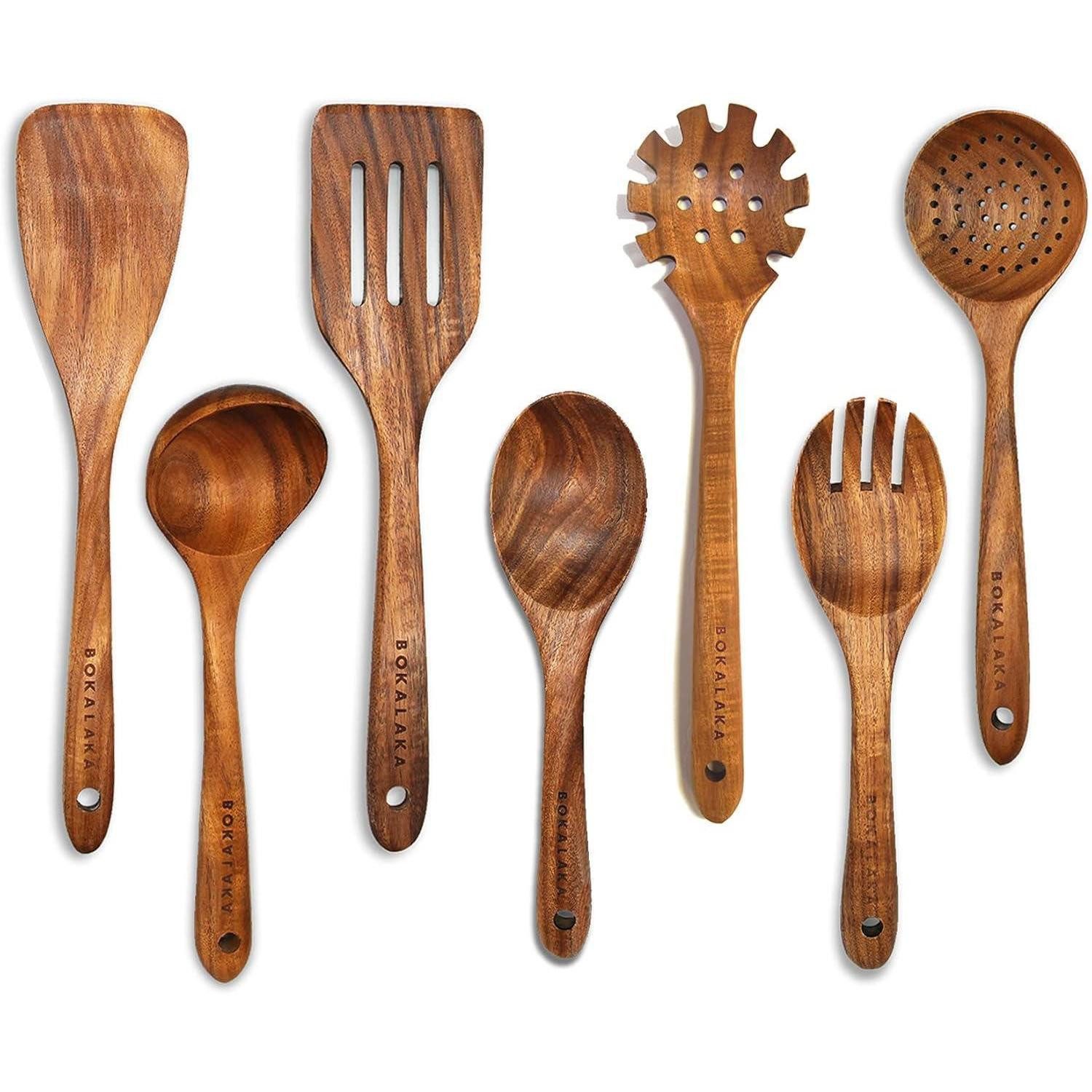BOKALAKA Kochbesteck-Set Holz-Kochutensilien-Set Teakholz 7-teilig Küchenhelfer-Set