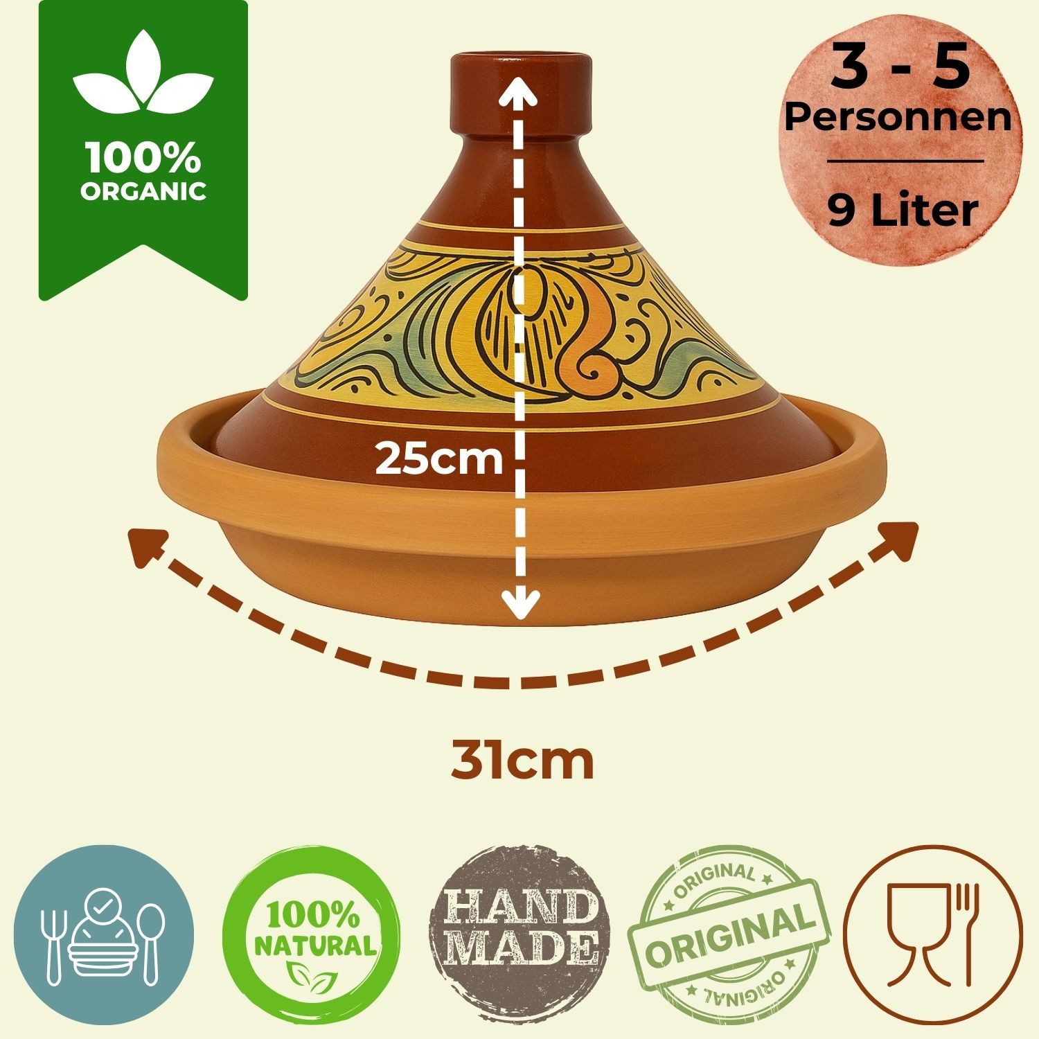 Marrakesch Orient & Mediterran Interior Dampfgartopf Tajine Shasha Ø31cm natur glasiert inkl. Nord Afrikanische Kochbuch, Lehm (1-tlg), Handarbeit