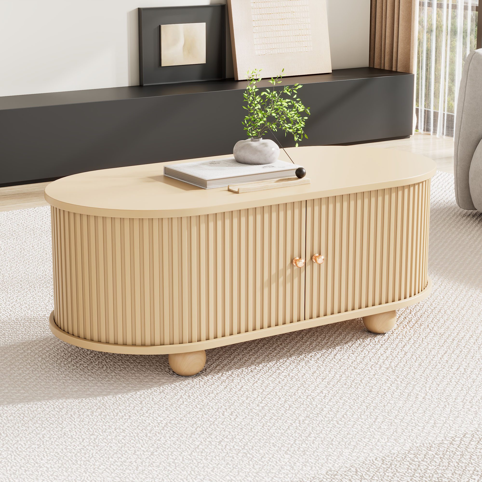 MODFU Couchtisch ovaler Couchtisch – minimalistisches Design (Satztisch, Wohnzimmertisch Beistelltisch, 1-St., 2 Schiebetür), ovale Form, Vertikale gestreifte Schranktüren
