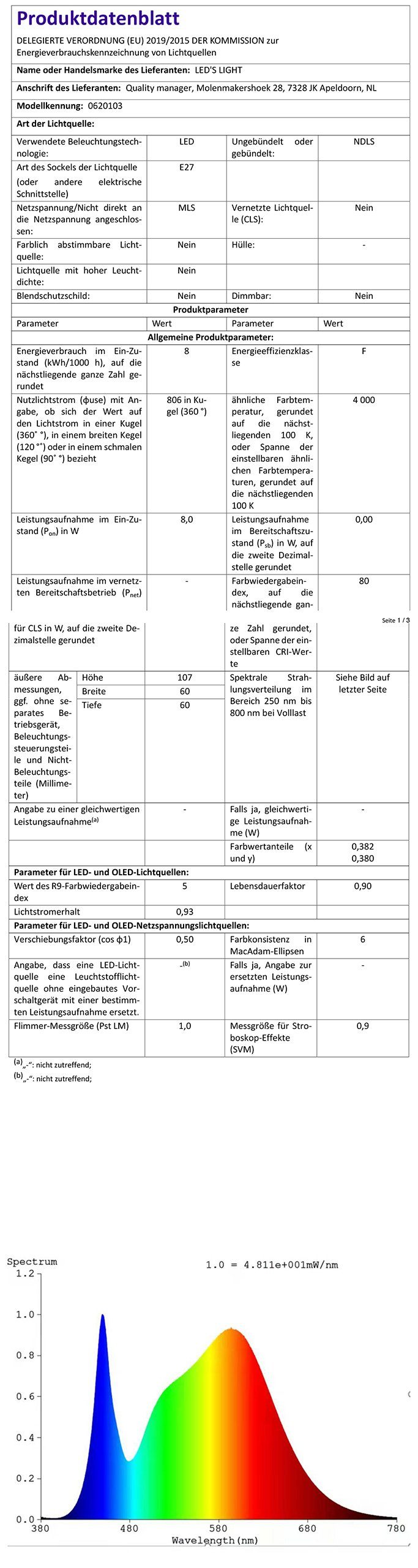 LED's light LED-Leuchtmittel 620103 LED Glühbirne, E27, E27 8W neutralweiß Opal A60