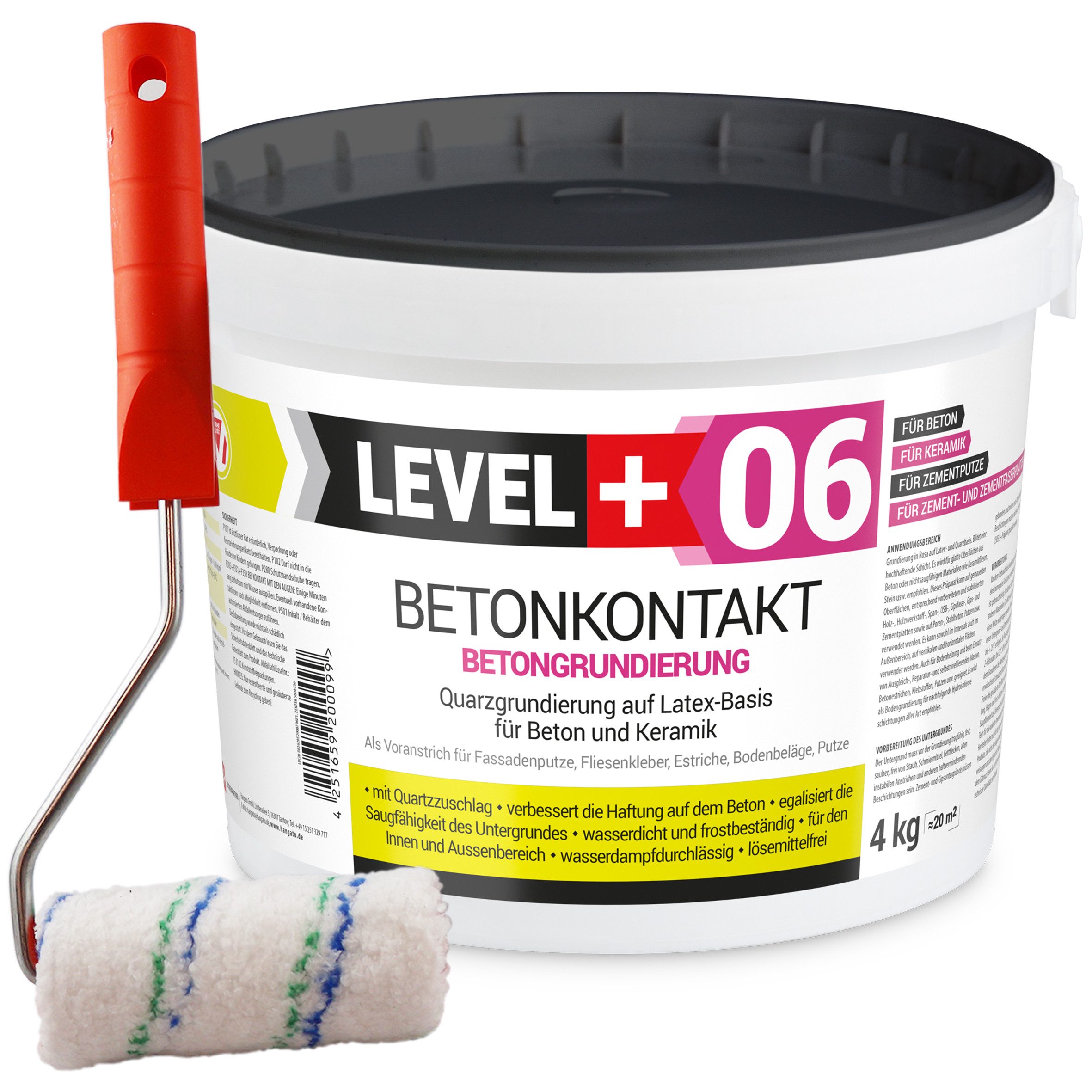 Level+ Haftgrund Betonkontakt Haftbrücke Putzgrund 4Kg Holz OSB + Farbroller 10cm L+06