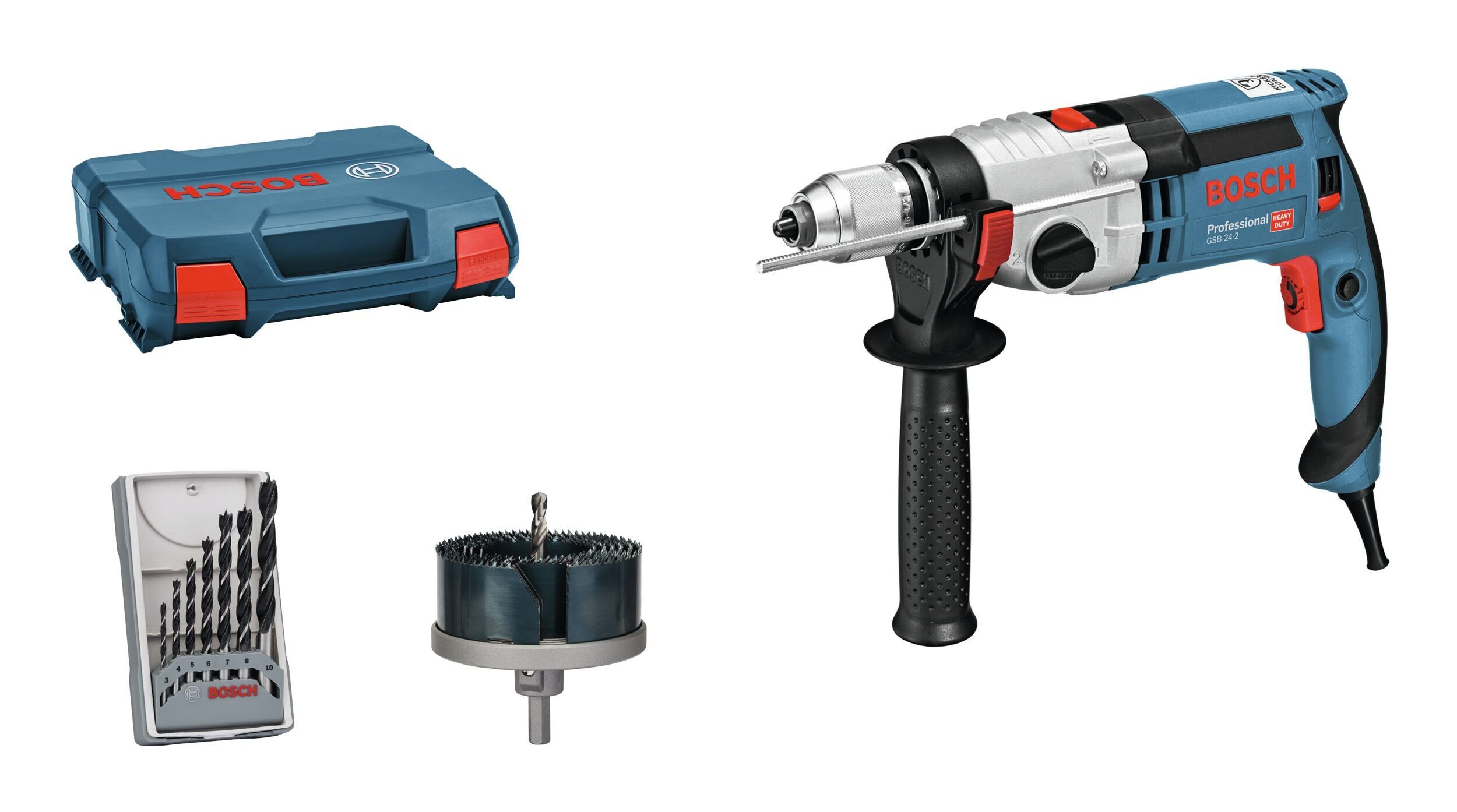 Bosch Professional Schlagbohrmaschine GSB 24-2, 230 V, Mit 7-teiligem Holzbohrer-Set - im L-Case