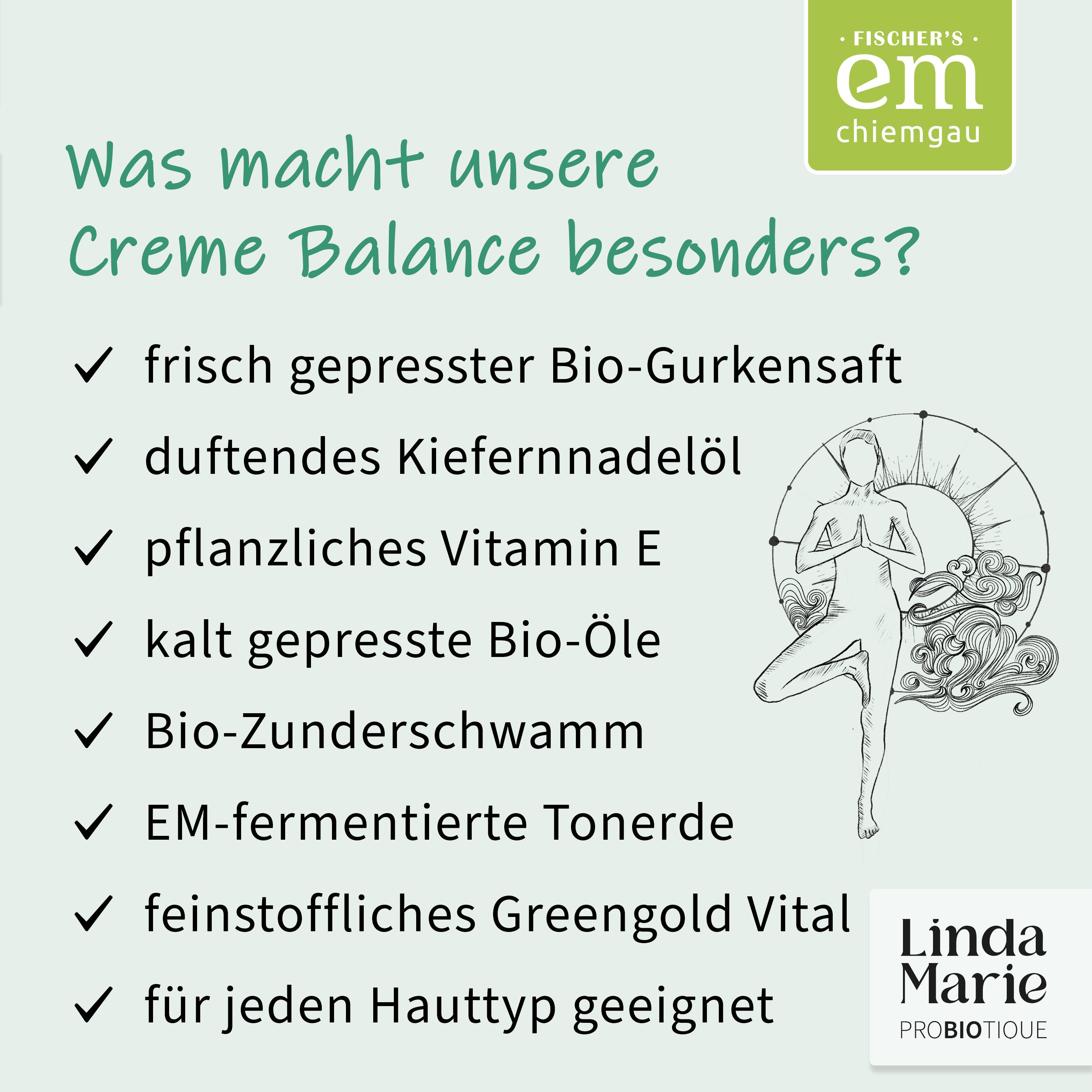 Fischer's EM-Chiemgau Gesichtspflege Linda Marie Probiotique Creme Balance, Vegane Naturkosmetik Gesichtscreme mit Bio-Gurkensaft & Hanföl