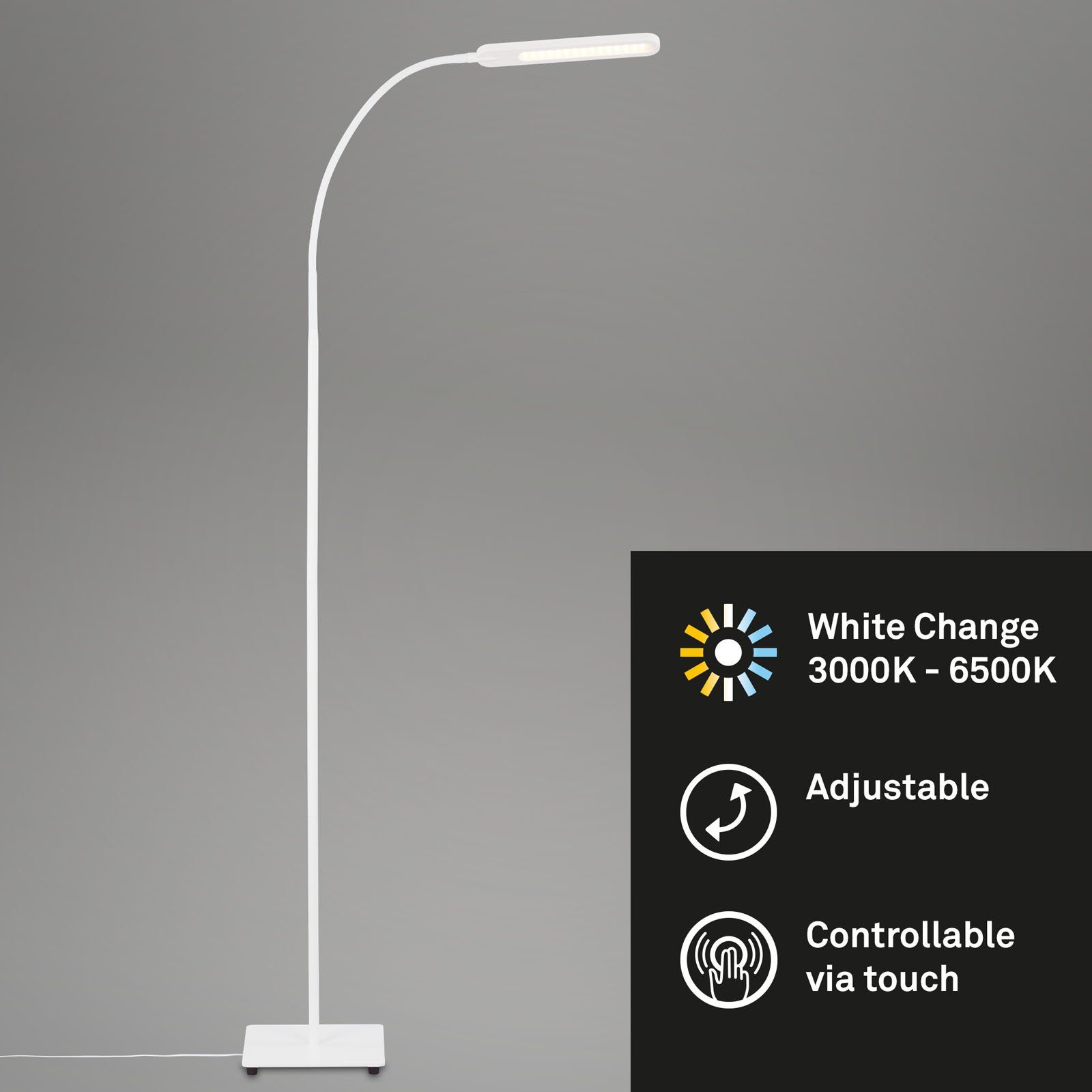 Stehlampe Tageslichtweiß, CCT Weiß, fest LED Stehleuchte, Wohnzimmer, 6,5W, Warmweiß, Büro Flur, verbaut, schwenkbar, Briloner 183cm, Schlafzimmer, LED Neutralweiß, Kaltweiß, dimmbar, Leuchten 1389-016, Farbtemperatursteuerung, Speicherfunktion, Touch,