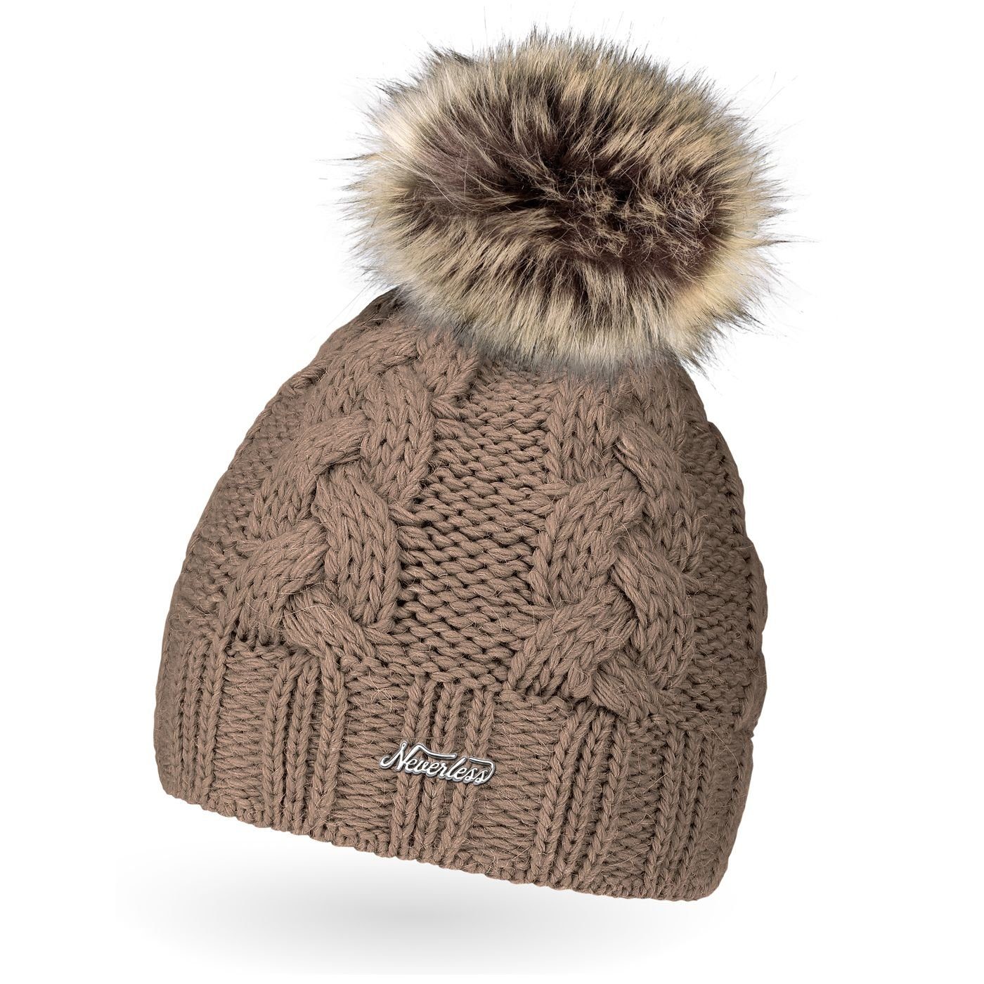 Neverless Bommelmütze Damen Strick-Mütze gefüttert Fell-Bommel günstig online kaufen
