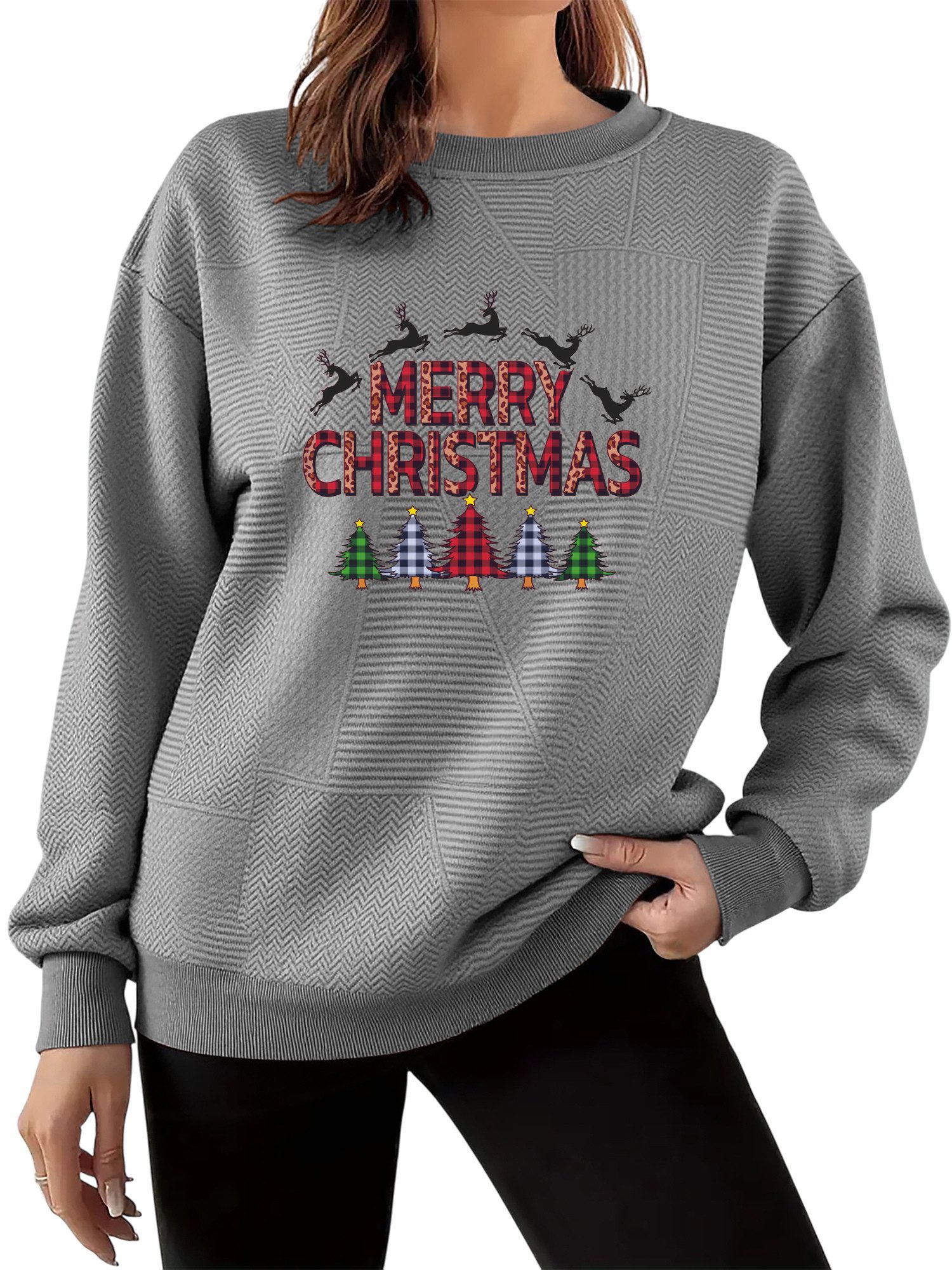 Rundhalspullover Damen Festlich Sweatshirt mit Rundhausschnitt & Weihnachten-Print