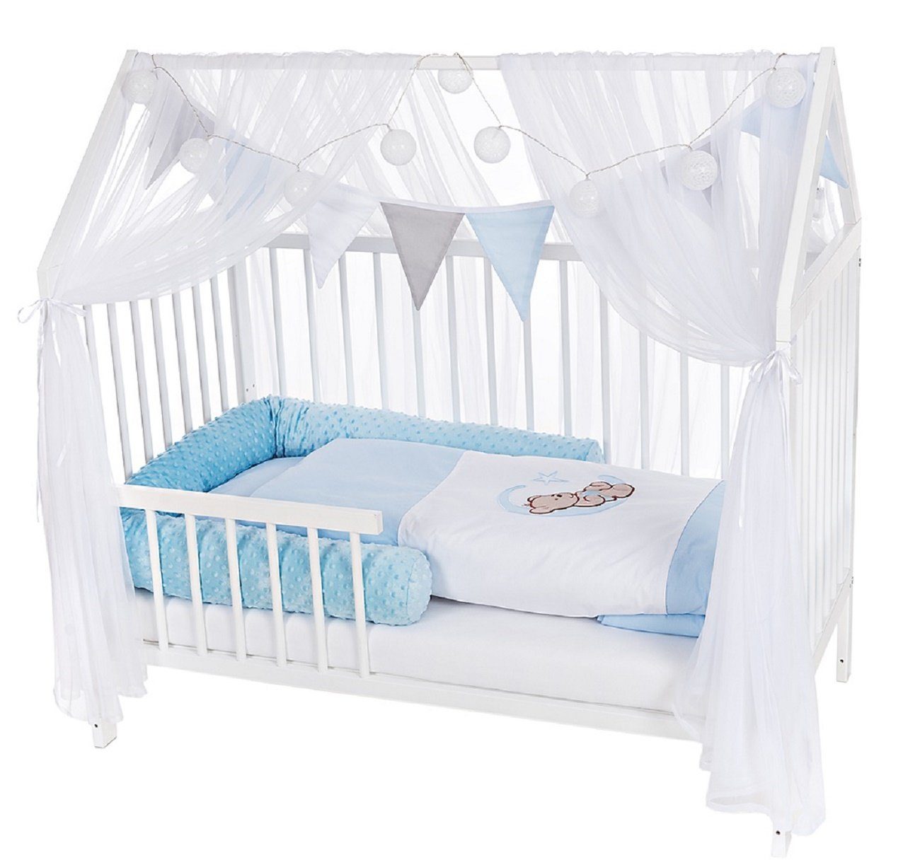 Babyhafen Hausbett Kinderbett 60x120 Rausfallschutz Umbaubar Teddy blau (Set, Komplettbettset), Komplettbettset