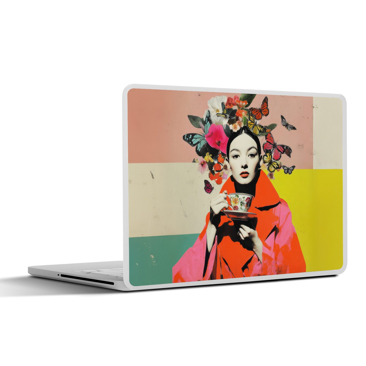 MuchoWow Laptop-Aufkleber Retro - Frau - Tasse - Schmetterlinge, (1tlg), Laptop Folien Cover, Aufkleber, Sticker, Schutz vor Kratzern, 30x21 cm