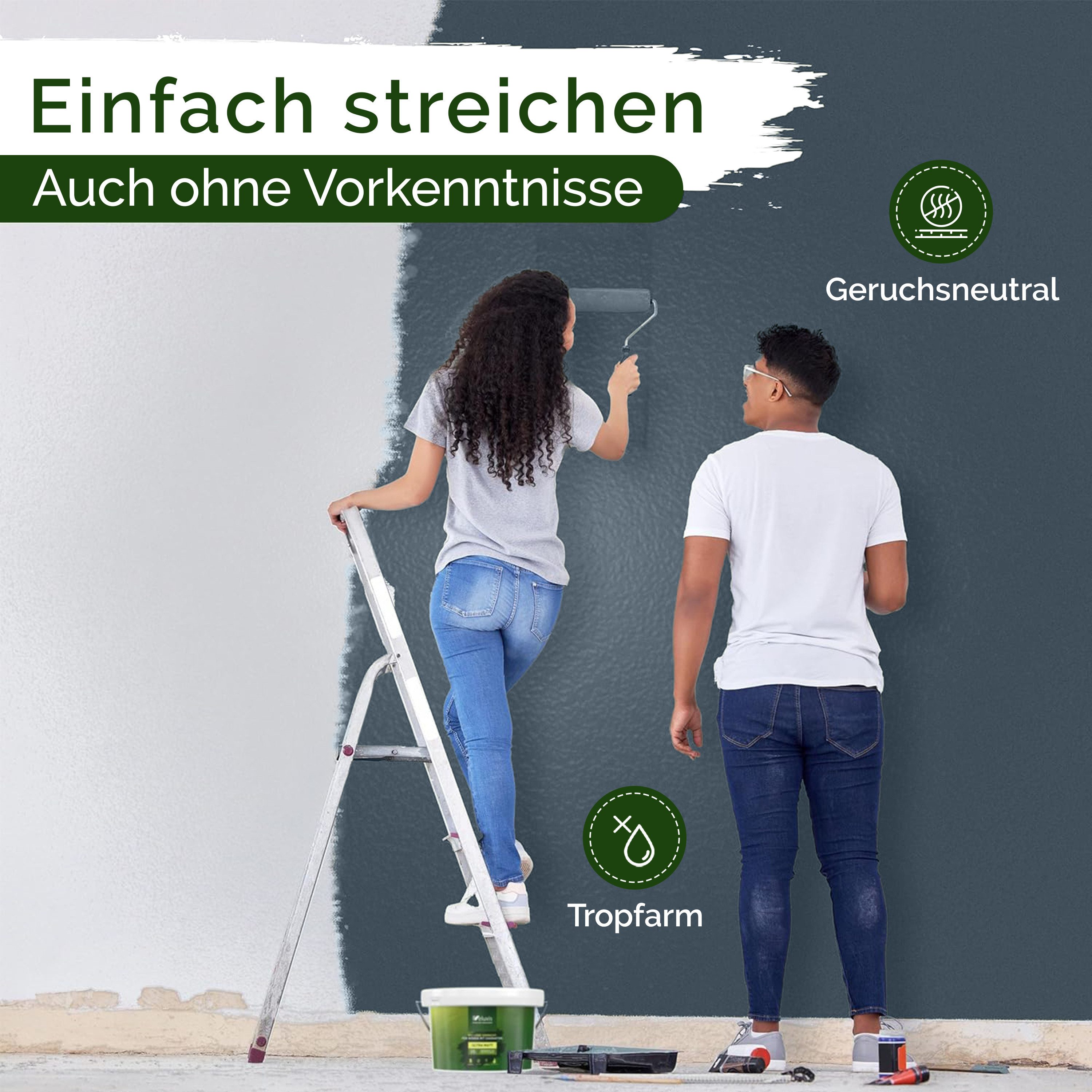 Veluxis Wandfarbe Veluxis® Wandfarbe Universal, Deckkraft-Klasse 1, Streifenfrei, tropfarm & VOC-frei
