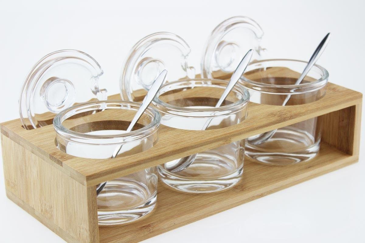 Gewürzdosen-Set Aus Holz Mit Tablett – 3 Gläser Mit Deckeln & Löffeln, Je 300 Ml, Rustikale Küchendeko
