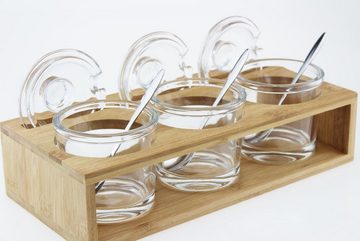 Sendez Gewürzbehälter 3 Gewürzgläser mit Holzgestell und Löffeln Gewürzdosen Set, Holz/Glas