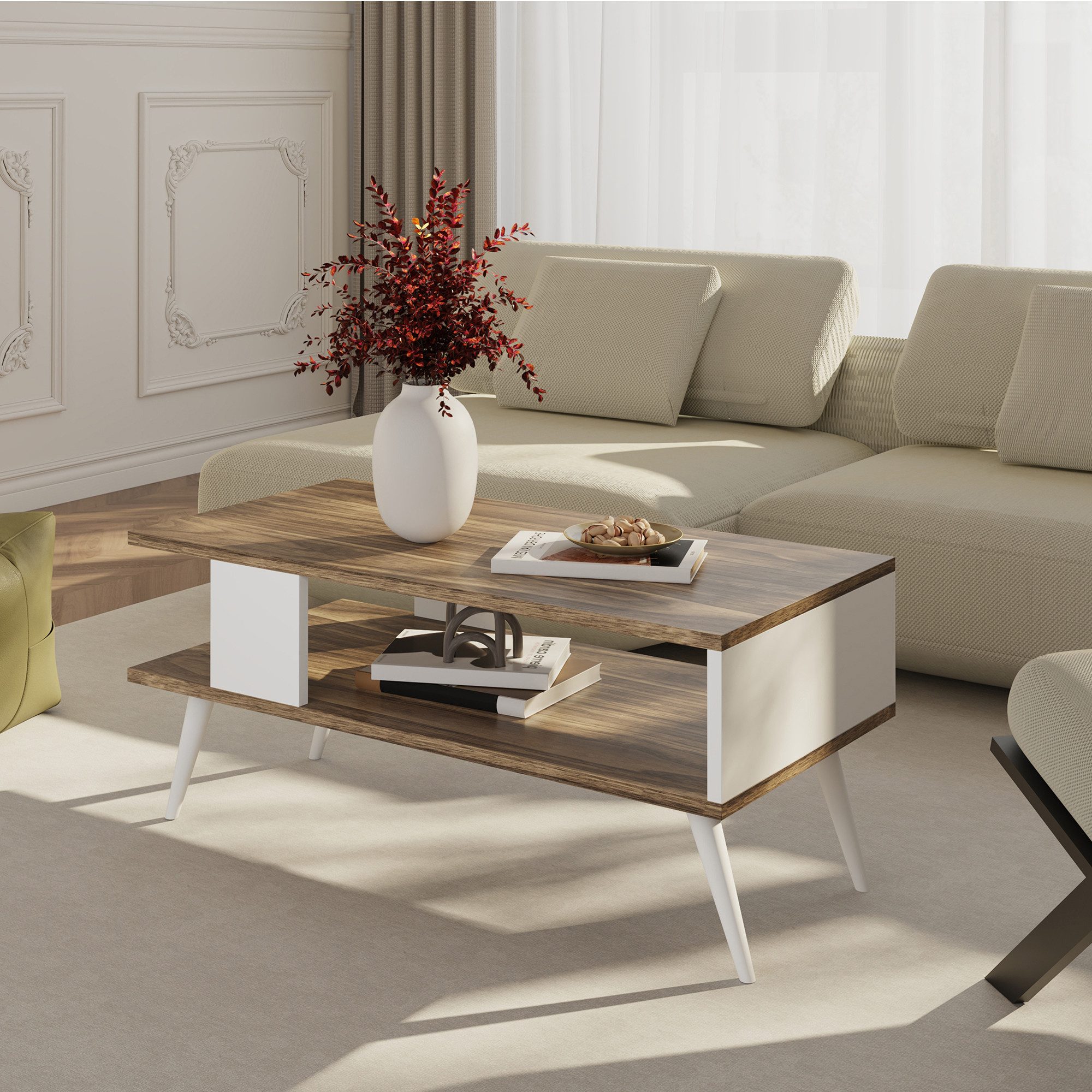en.casa Couchtisch, »Lycksele« Wohnzimmertisch 40x90x45cm Walnuss-Optik/Weiß
