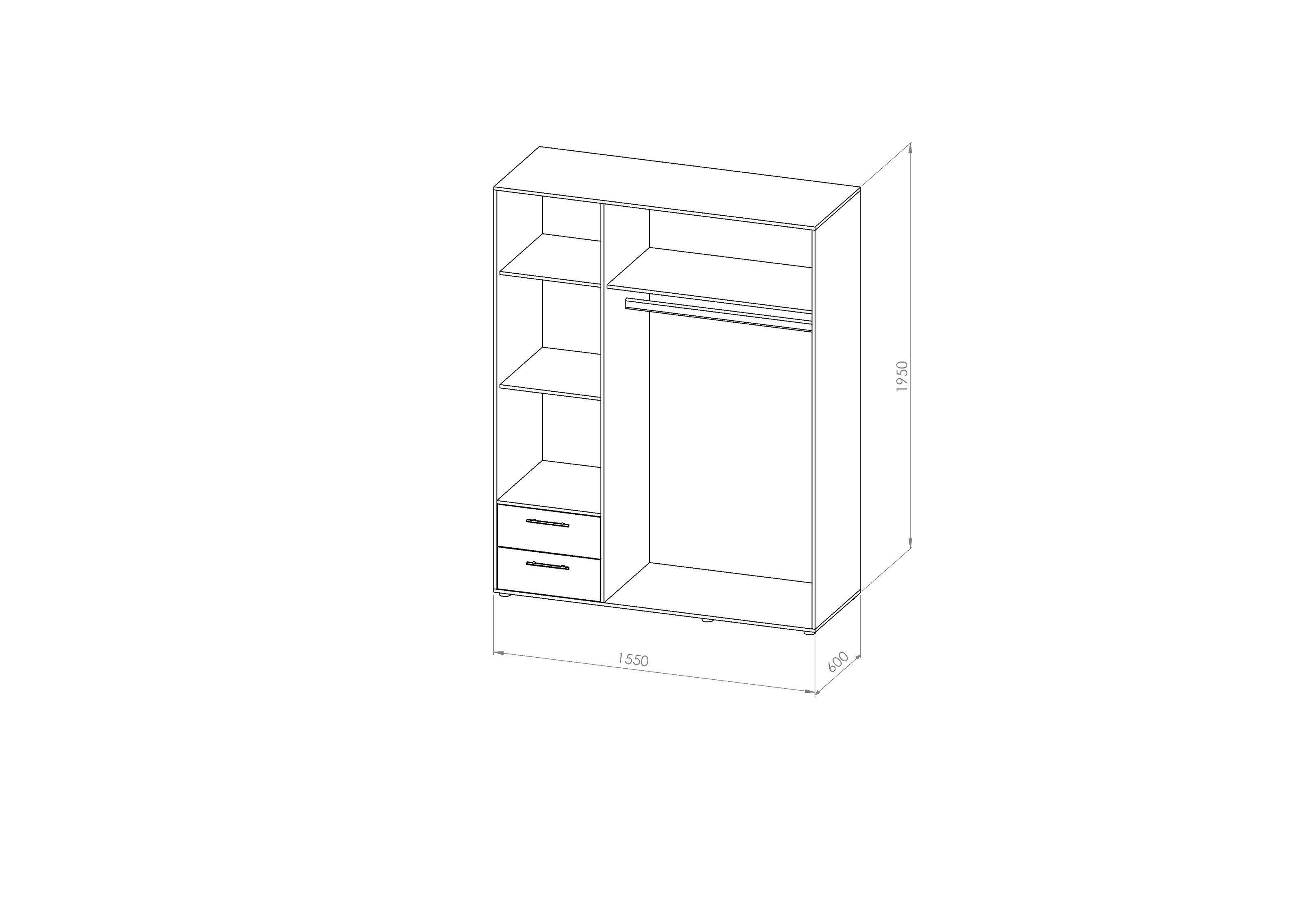 / in Beton 155x195x60 Kleiderschrank 3 mit Optik Schubladen Valencia Türen (BxHxT: und Weiß möbelando cm) 2