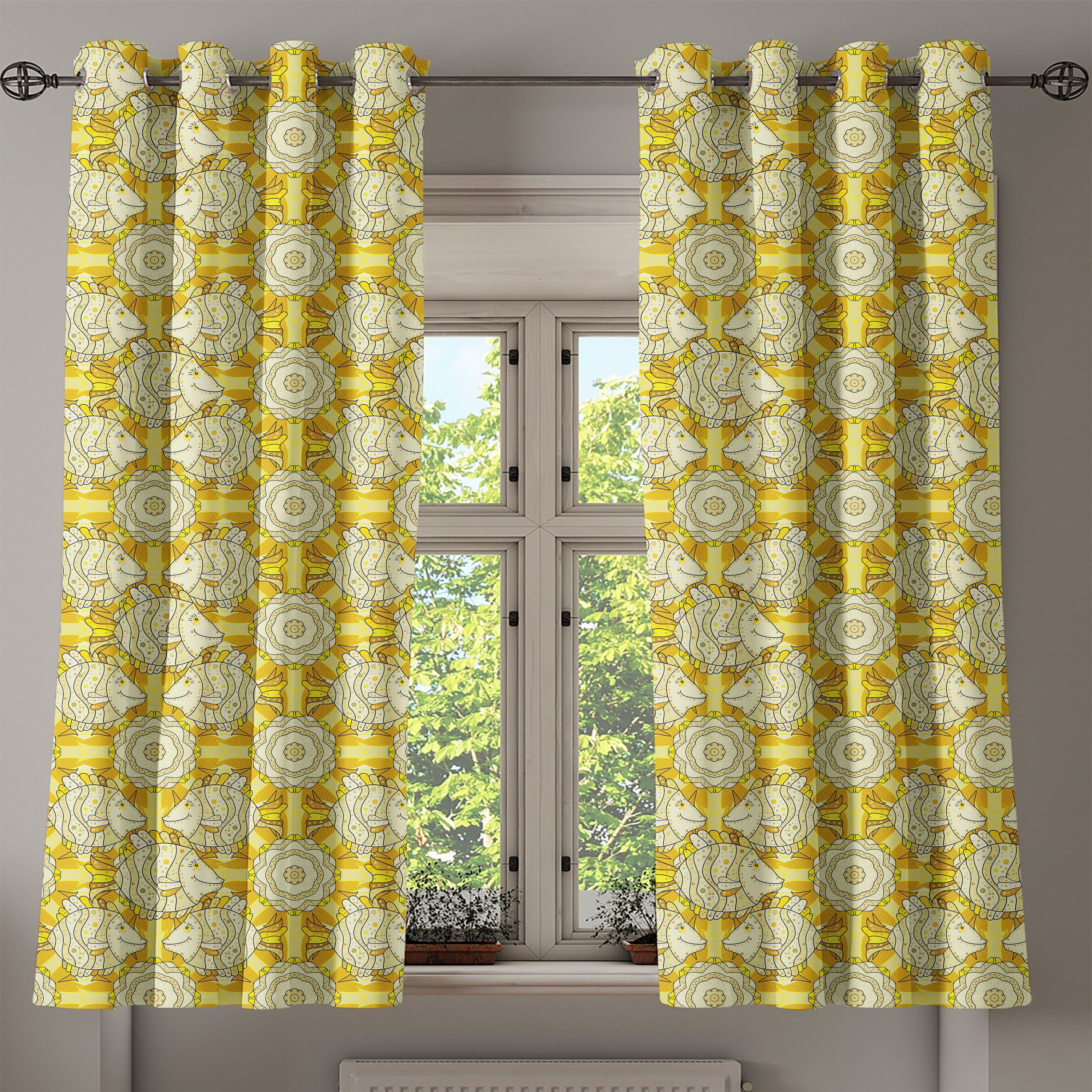 für Weiß Dekorative 2-Panel-Fenstervorhänge Wohnzimmer, Gelb und Gardine Schlafzimmer Fische gestreifte Abakuhaus,