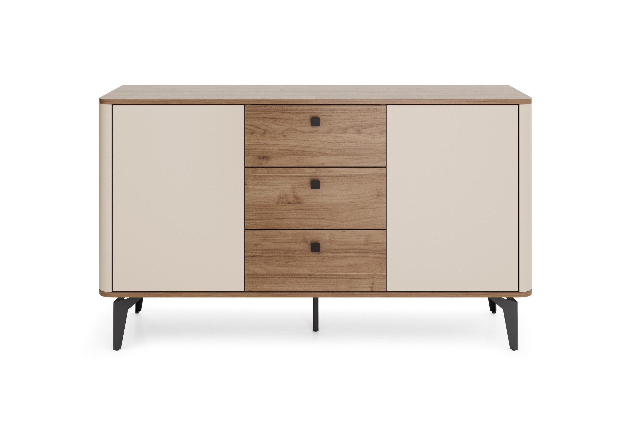 Deine Möbel 24 Kommode AURO 04 Sideboard mit 3 Schubladen, 2 Türen & Einlegeböden (140 cm breit, 1 St., AURO - Kollektion), Soft-Close & Push-to-Open, Metallfüße, Kaschmir/Royal Nussbaum