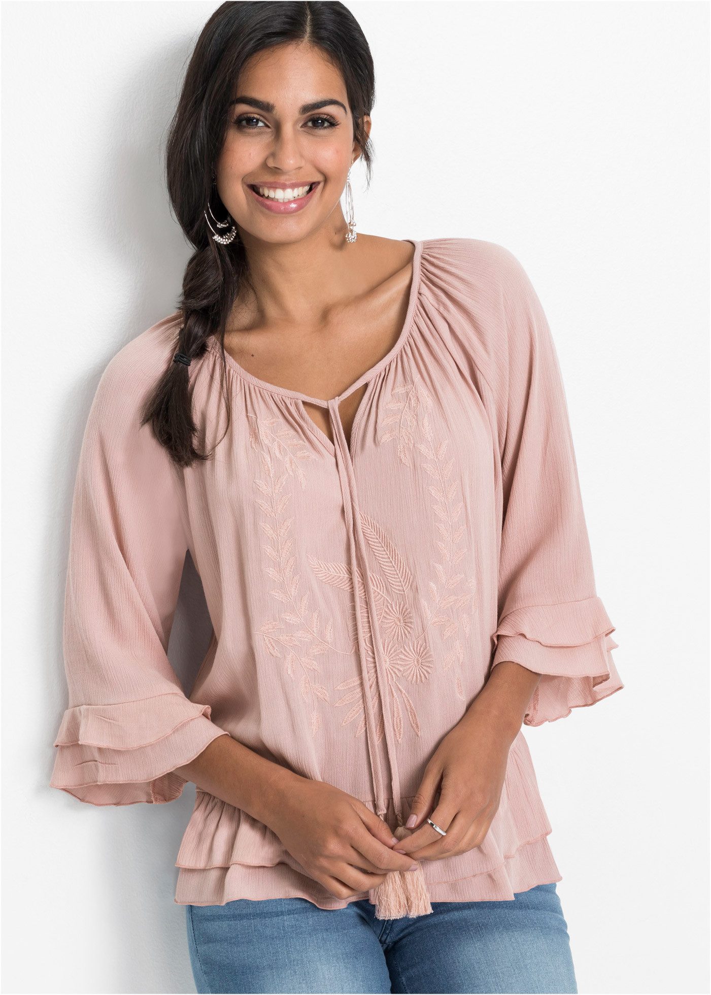 bonprix Tunika (1-tlg) A-Linien-Passform, mit 3/4-Ärmeln, gleichfarbige Stickerei