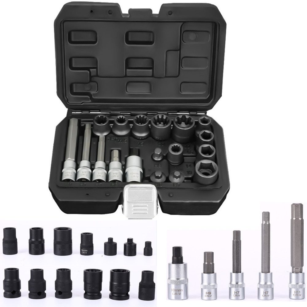 BlingBin Werkzeugset 18-tlg Bremssattel Steckschlüssel Satz für VW Audi BMW Mercedes PKW, (1er Set, 18-tlg., 18pcs), Spezialprofile für sichere, schnelle und präzise Bremssattel-Demontage