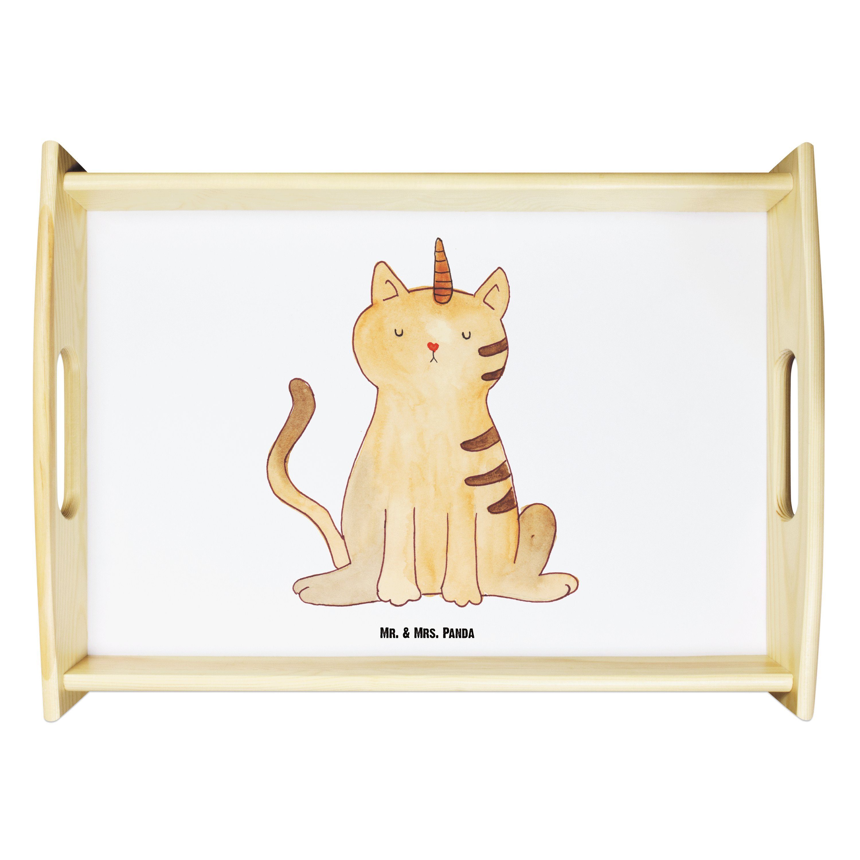 Mr. & Mrs. Panda Tablett Einhorn Katze - Weiß - Geschenk, Kittyhorn, Unicorn, Pegasus, Einhörn, Echtholz lasiert, (1-tlg)