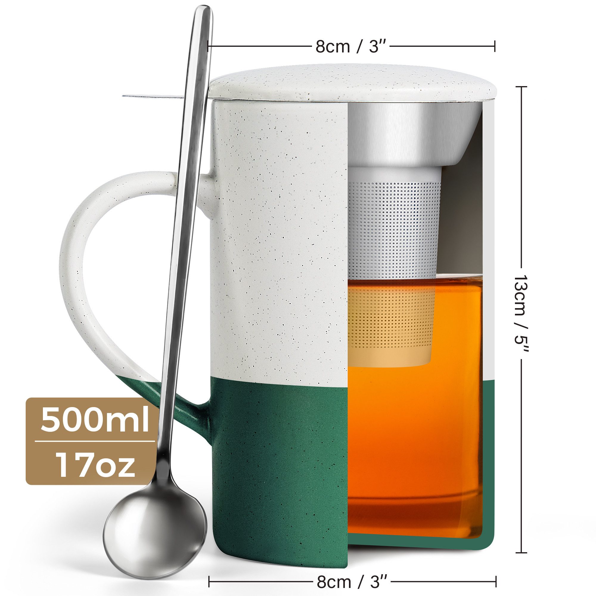 MiaMio Tasse für losen Tee mit Siebeinsatz und Deckel, Dunkelgrün, 2-tlg., Keramik, 500 ml je Tasse – Bild 4 von 5