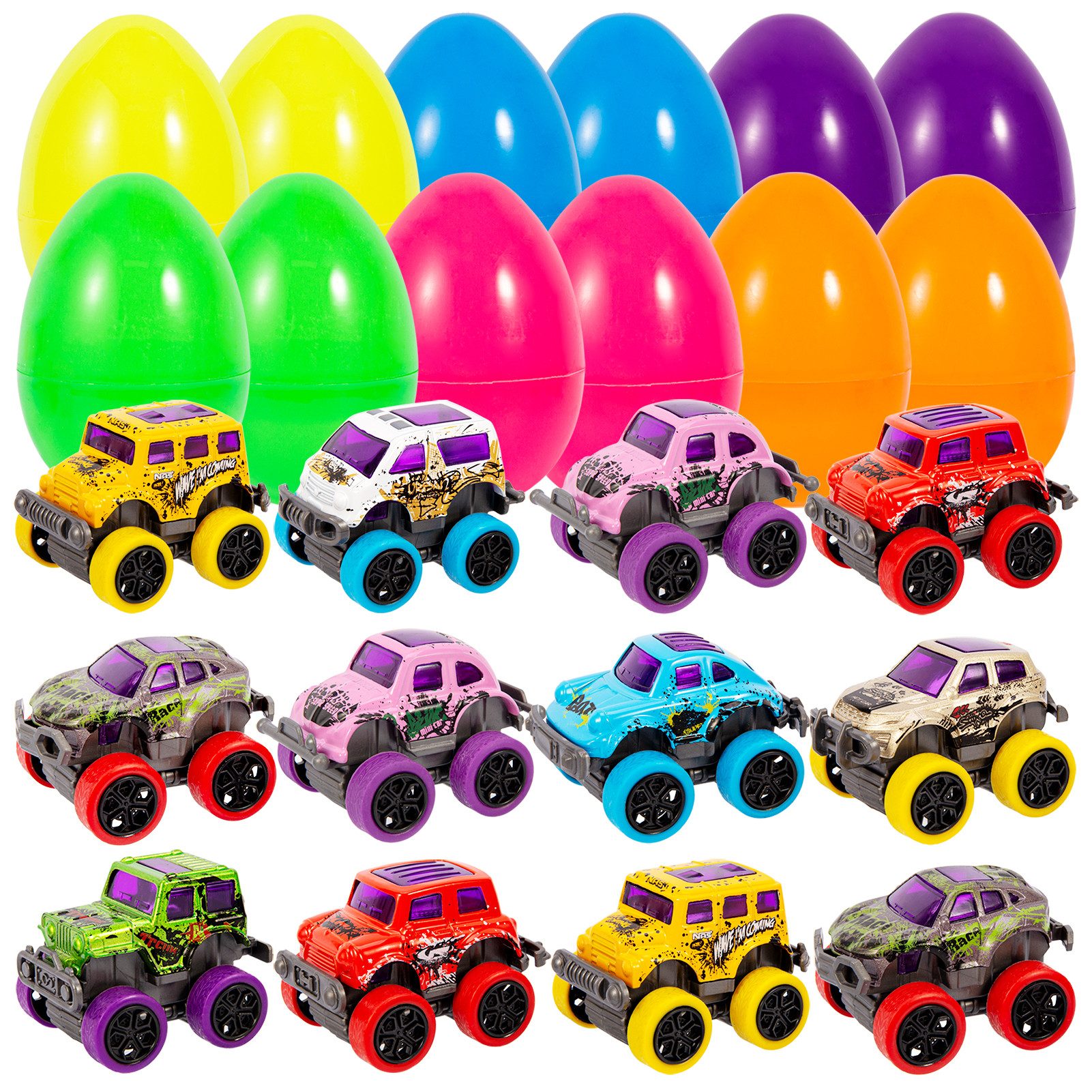 GarveeMore Spielfahrzeug-Lenkrad 12er Oster‑Überraschungseier mit Rückzieh‑Monsterauto, (12-tlg), 8 verschiedene leuchtende Graffiti‑Designs