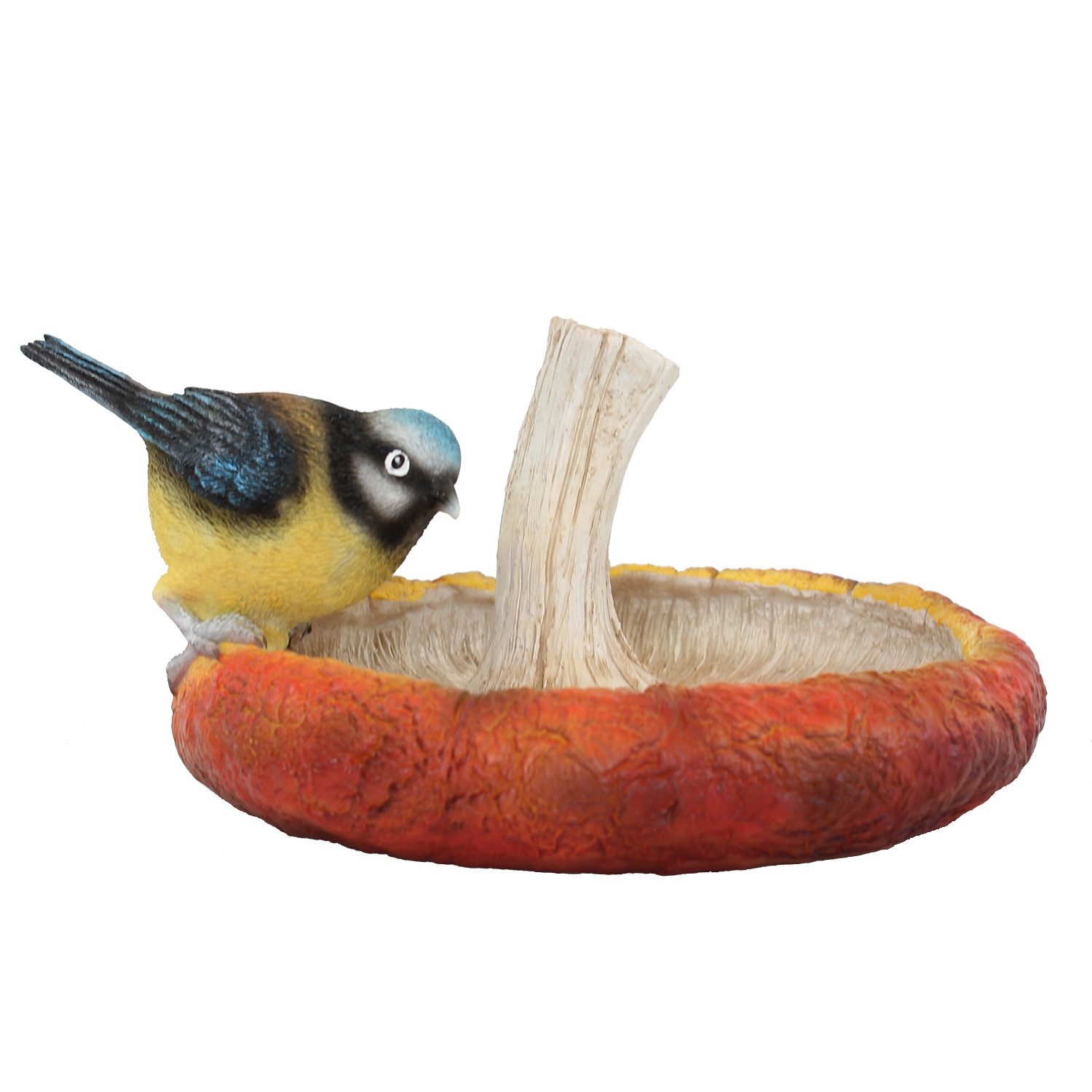 Fachhandel Plus Vogeltränke in Pilzform aus Polyresin mit Rotkehlchen oder Blaumeise handbemalt, handbemalte Kunstwerke