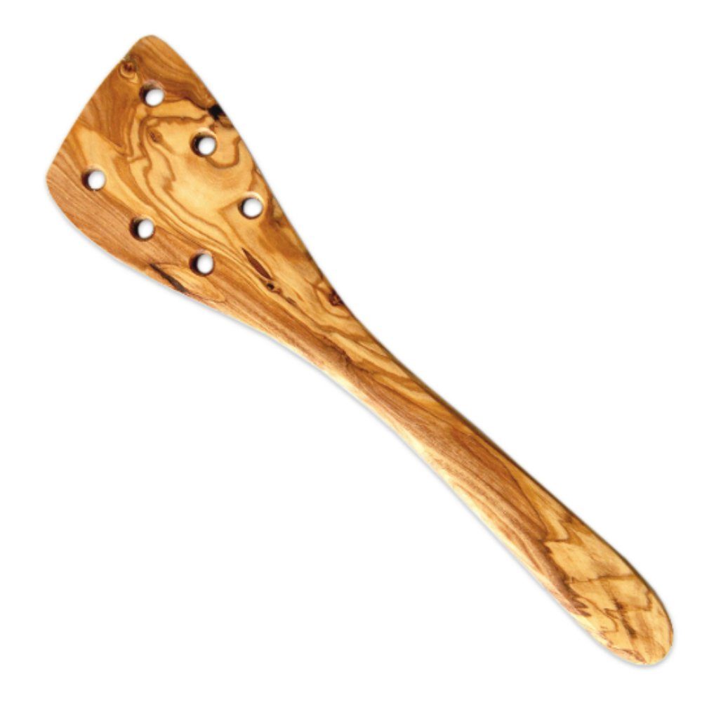 Olivenholz-erleben Pfannenwender mit Löchern aus Olivenholz – Länge ca. 30 cm, robust & stilvoll, Mit Abtropflöchern – sie verhindern Verspritzen von heißem Fett
