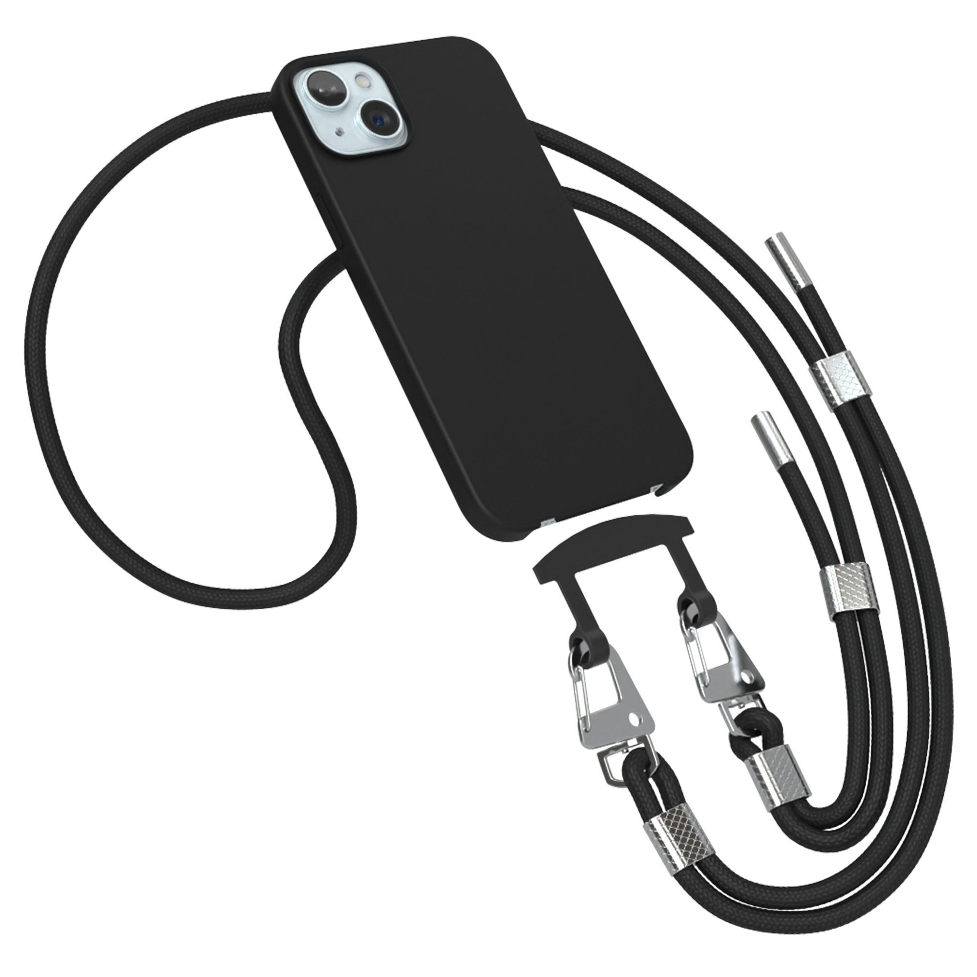EAZY CASE Handykette 2in1 Hülle mit Band für iPhone 15 Plus 6,7 Zoll, Smartphonekette Umhängetasche Necklace Handyhülle mit Kordel Schwarz