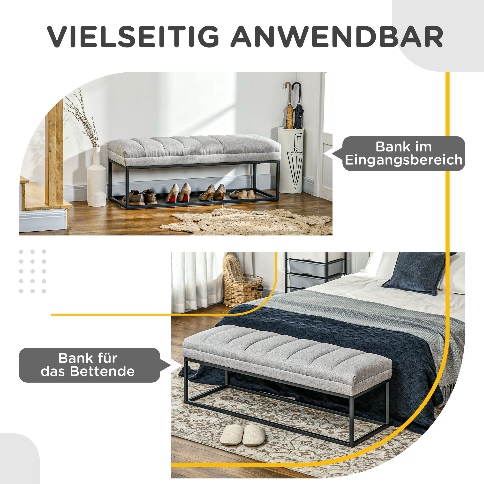 HOMCOM Polsterbank Bettbank in Leinenoptik (Schlafzimmerbank, 1-St., Schminkbank), Stahl, Hellgrau, 120 x 44 x 45,5 cm