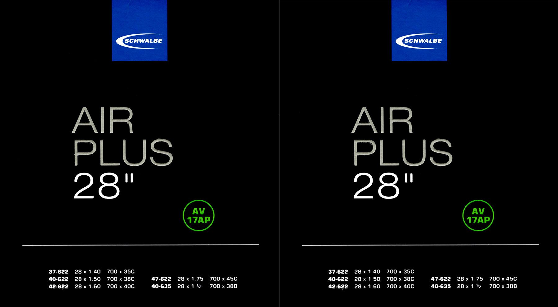 Schwalbe Fahrradschlauch 2x Schwalbe Schlauch AV 17AP 28 Zoll (37/47-622/635) Air Plus, 1,50, 1,40, 1,60, (2-St)