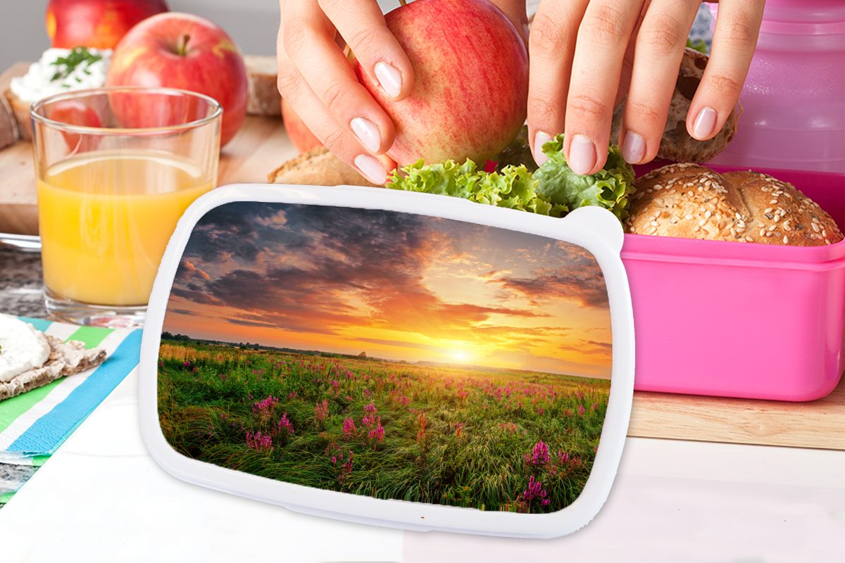 Kinder, - Kunststoff, (2-tlg), rosa MuchoWow Brotdose - Lunchbox Erwachsene, Frühling, Sonnenuntergang Snackbox, für Mädchen, Brotbox Kunststoff Blumen