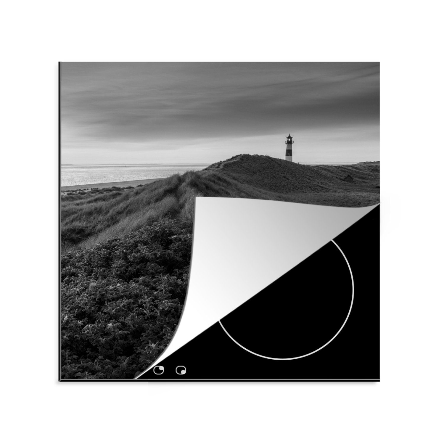 MuchoWow Herdblende-/Abdeckplatte Wattenmeer - Schwarz - Weiß - Leuchtturm, Vinyl, (1 tlg), 78x78 cm, Ceranfeldabdeckung, Arbeitsplatte für küche