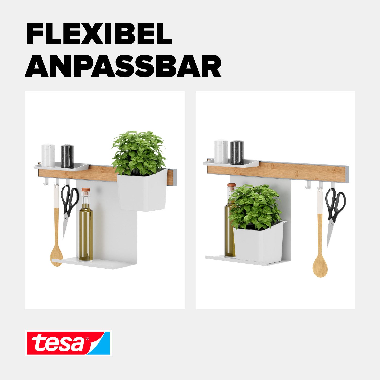 tesa Hakenleiste tesa Küchen-Organizer Kombi-Set S - selbstklebende Küchenleiste, (Komplett-Set, 5 St., inkl. Kräutertopf, 2 Ablagen, Hakenleiste (3 Haken), Flexible Organisationsleiste für die Küche, Montage ohne Bohren