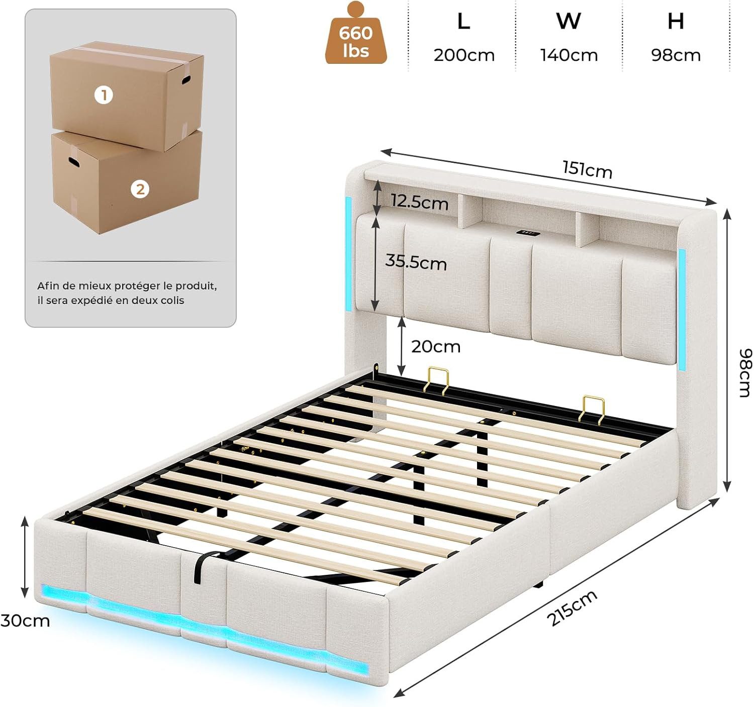 MSMASK Polsterbett mit Steckdosen & LED Beleuchtung, Stauraum und Kopfteil, 150×215 cm, Beige, mit Stauraum & LED Beleuchtung