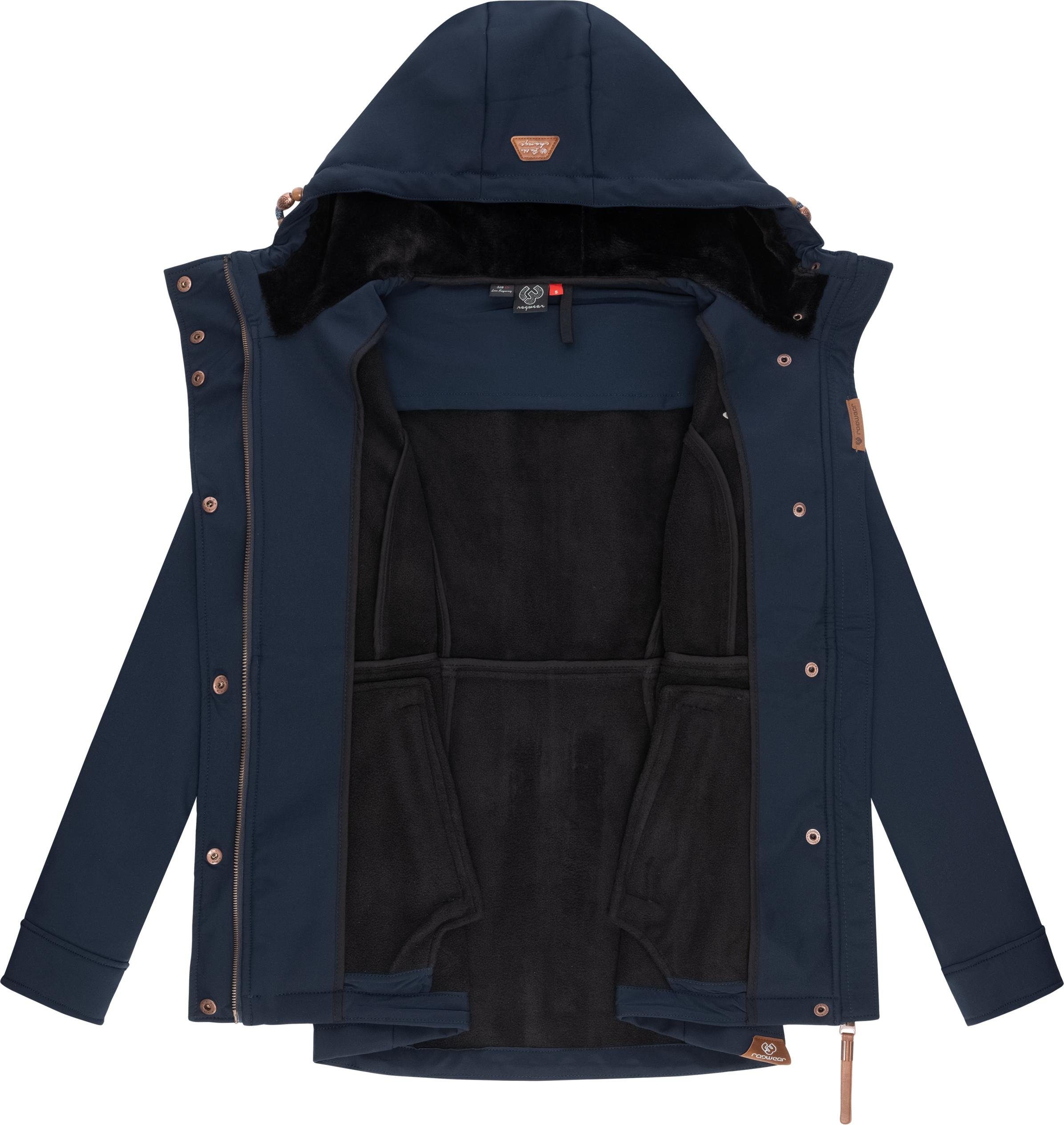 Ragwear Softshelljacke Yba mit Damen sportliche navy Outdoorjacke Kapuze