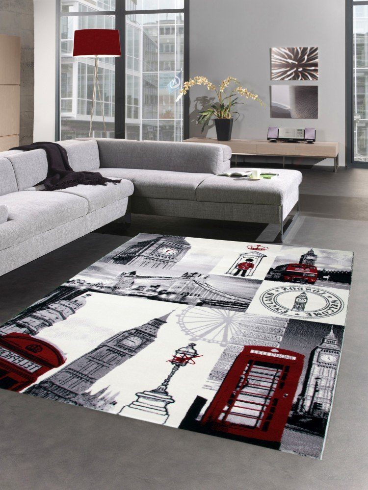 Teppich Designer Teppich London Motiv Grau Rot Schwarz