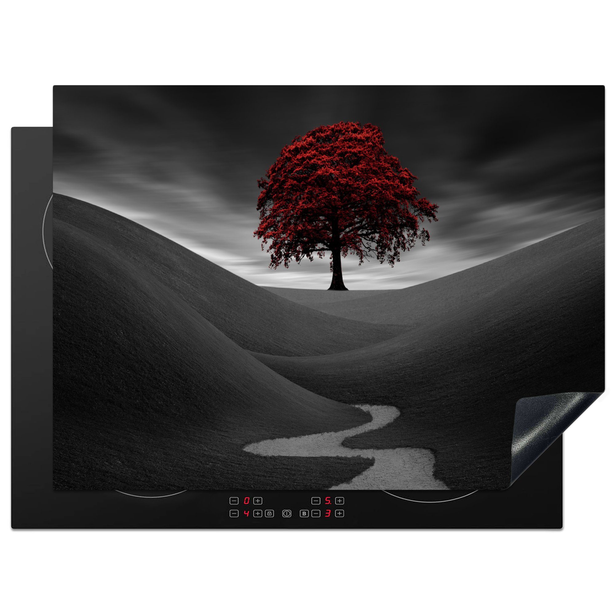 MuchoWow Herdblende-/Abdeckplatte Schwarz-Weiß-Foto mit einem roten Baum, Vinyl, (1 tlg), 71x52 cm, Induktionskochfeld Schutz für die küche, Ceranfeldabdeckung