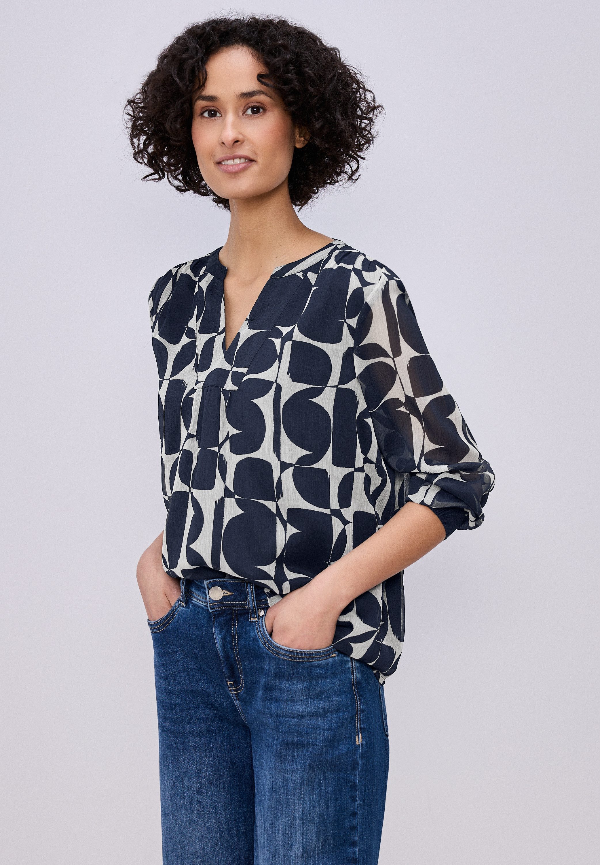 STREET ONE Langarmbluse Gemusterte Bluse mit Tape