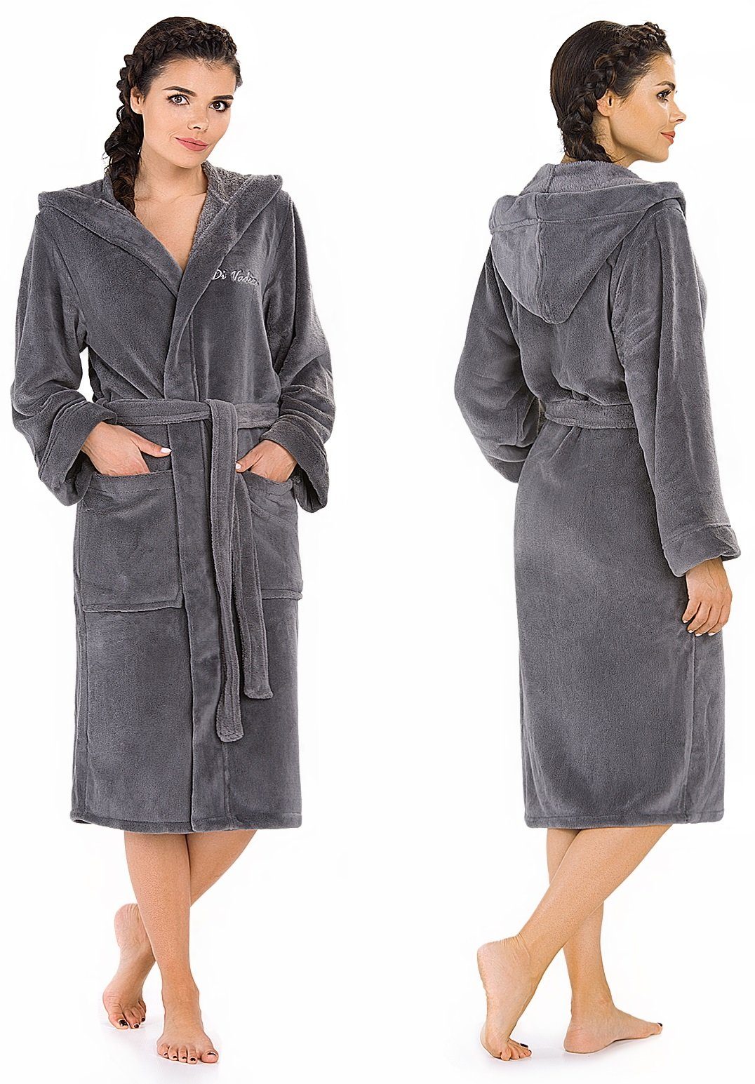 Di Vadini Bademantel Di Vadini UNISEX Herren Damen Bademantel FLORENZ mit Kapuze, wadenlang, Polyester, Weitenverstellung, Bindegürtel, mit Kapuze