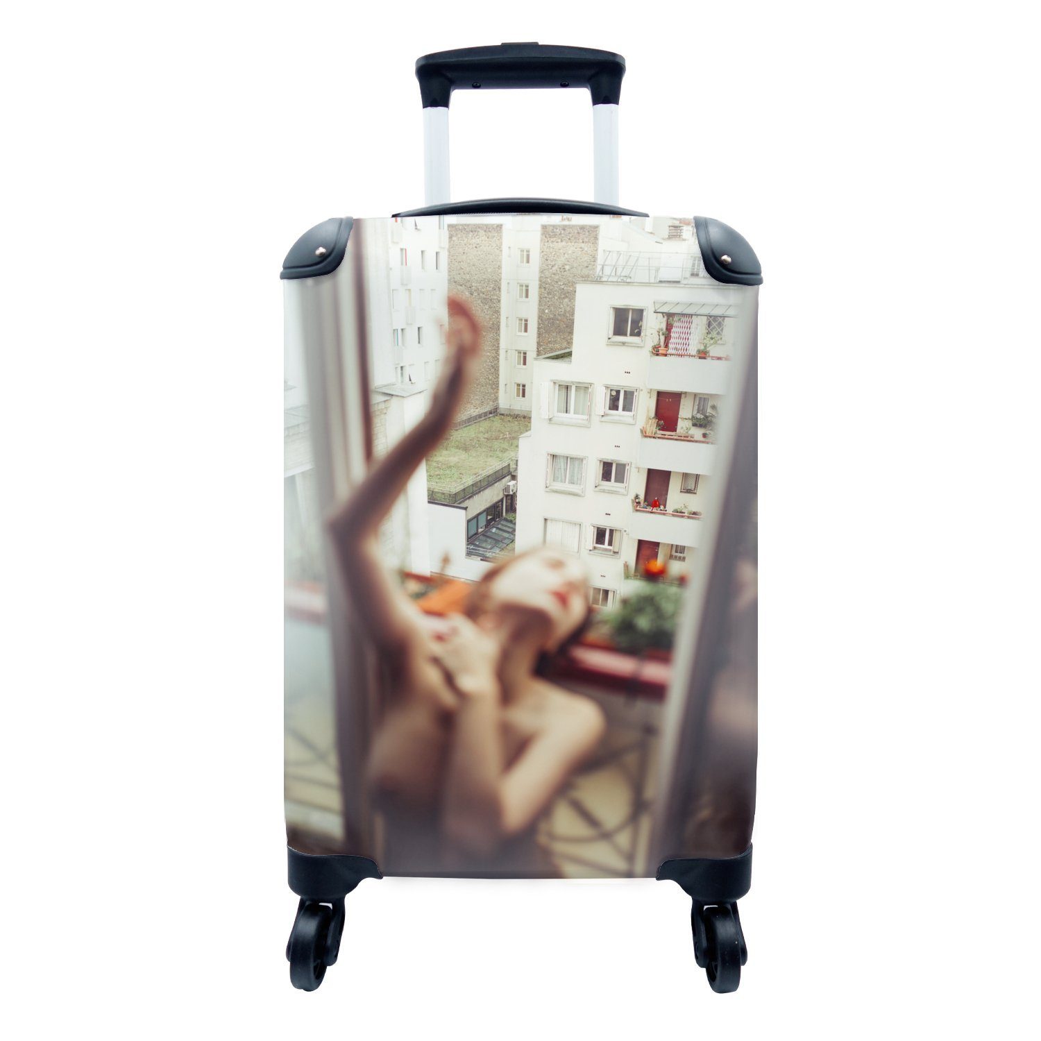 MuchoWow Handgepäckkoffer Abstraktes Reisetasche Porträt Handgepäck rollen, Frau, mit für Rollen, Reisekoffer rothaarigen Trolley, einer 4 Ferien