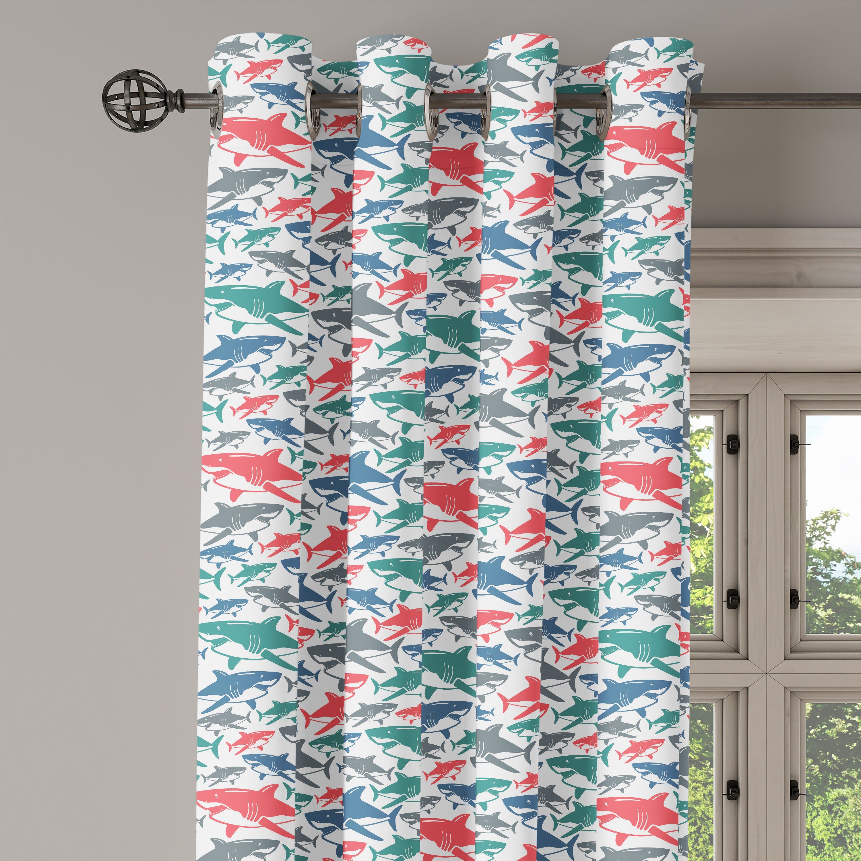 Bunte für Abakuhaus, Shark Wohnzimmer, Patterns Dekorative Gardine Fisch 2-Panel-Fenstervorhänge Schlafzimmer