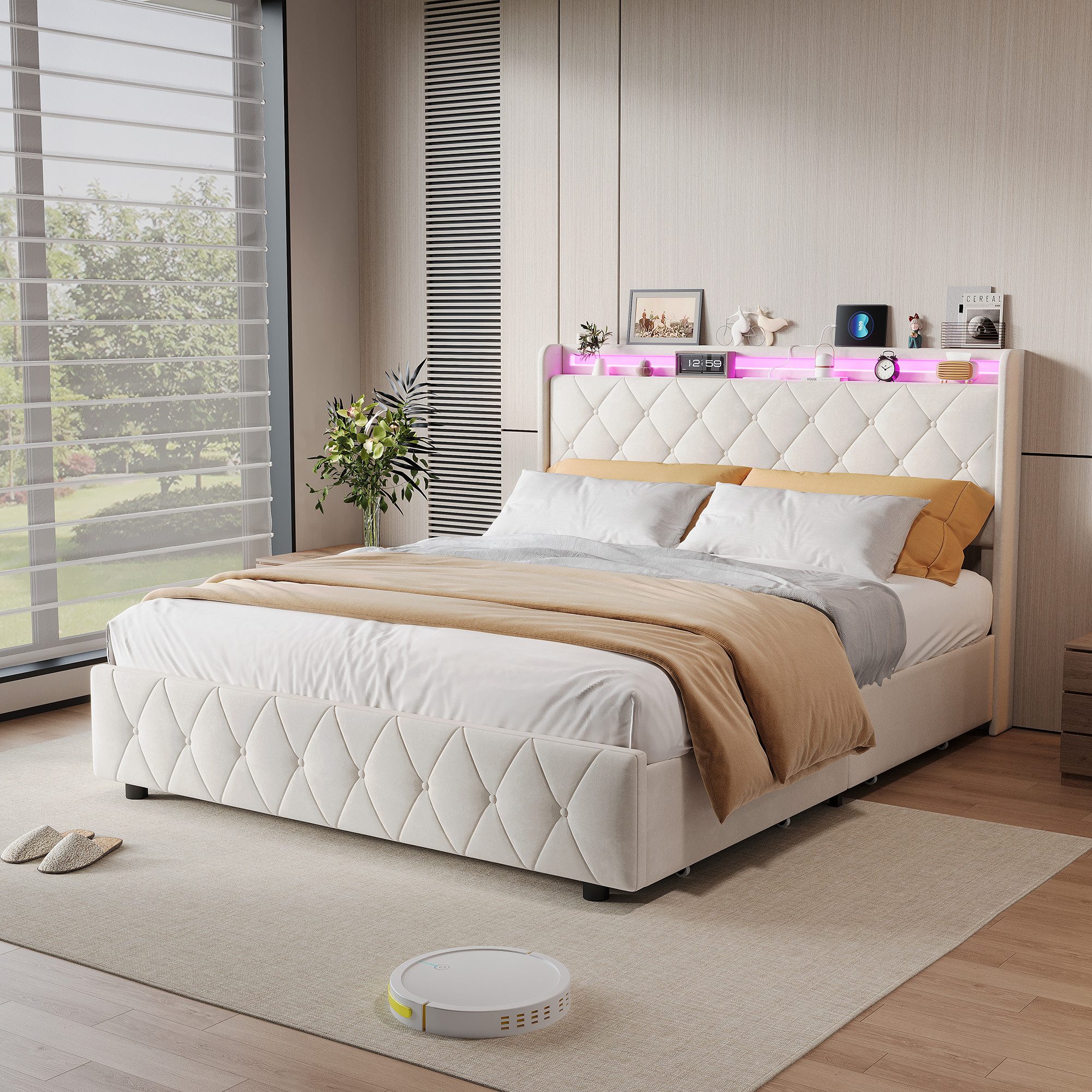 ADWOLT Stauraumbett Polsterbett mit Lattenrost und LED-Beleuchtung, Jugendbett 160x200cm mit USB&Type-C,Doppelbett mit 4 Schubladen,Beige