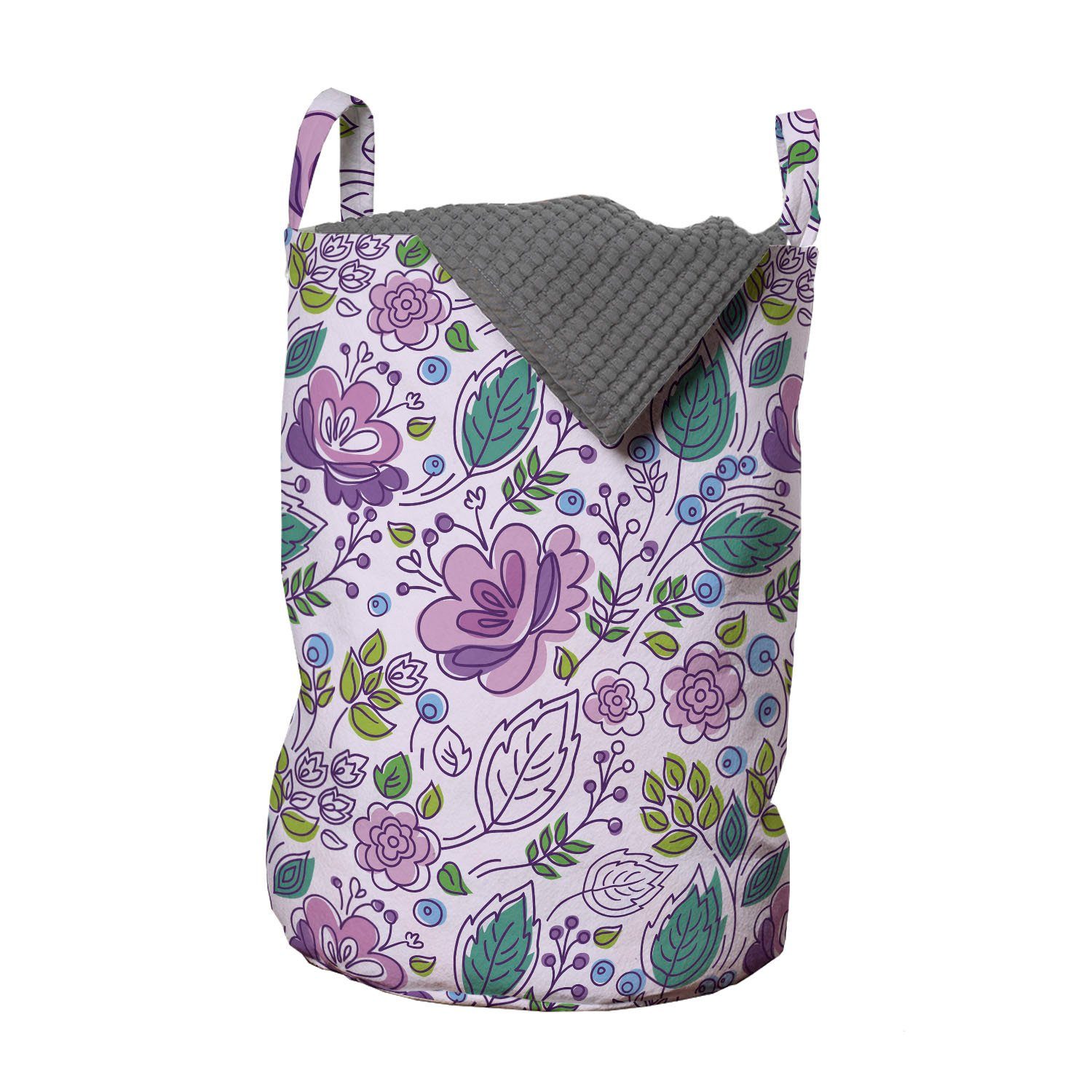Abakuhaus Wäschesäckchen Wäschekorb mit Griffen Kordelzugverschluss für Waschsalons, Botanisch Blumen mit blauen Beeren | Wäschesäcke
