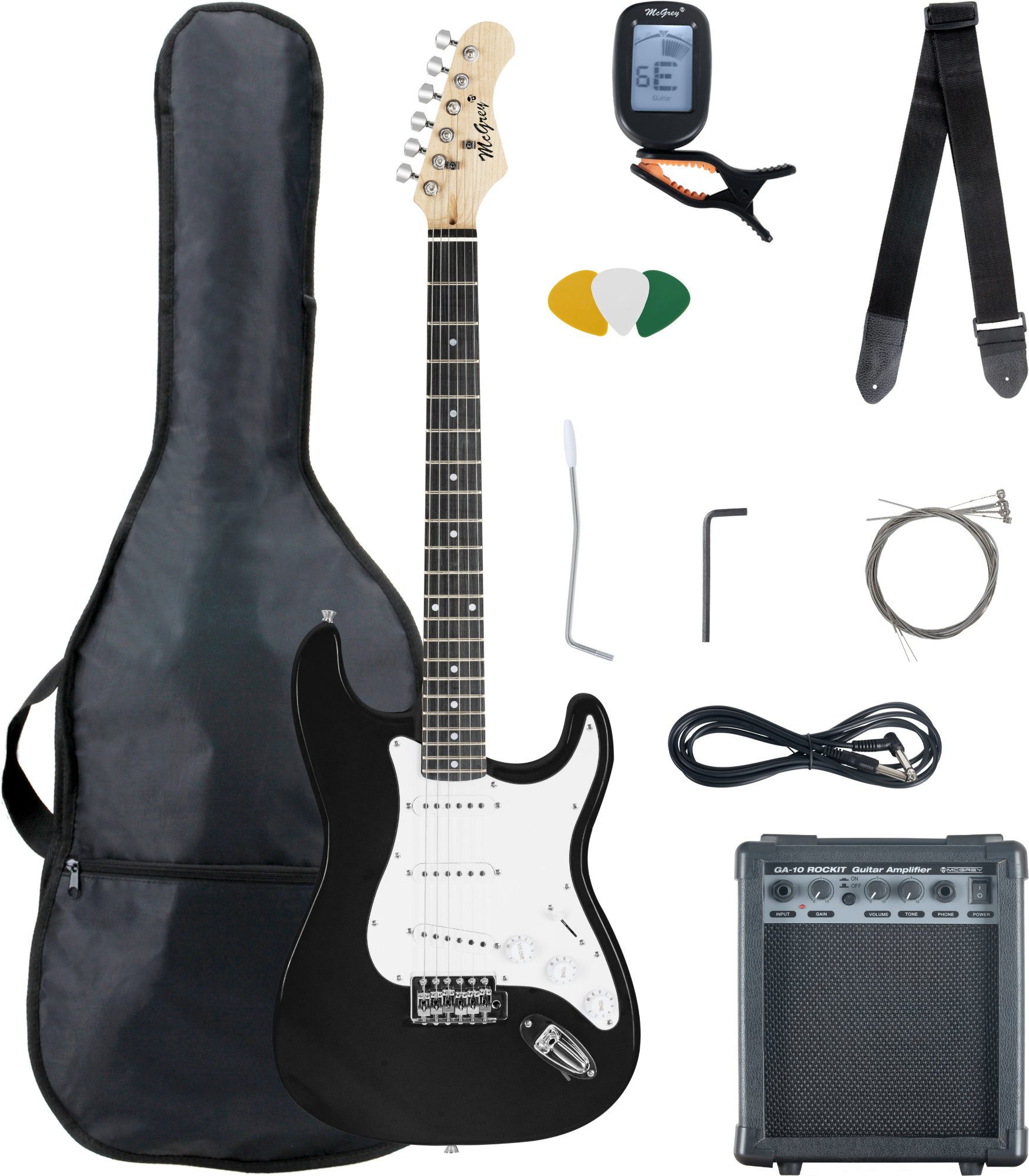 McGrey E-Gitarre Rockit elektrische Gitarre, ST-Style, Komplettset 4/4, 8-St., inkl. Verstärker, Tasche, Stimmgerät, Plektren, Gurt und Kabel, 10 Watt (RMS) Gitarrenverstärker inklusive!
